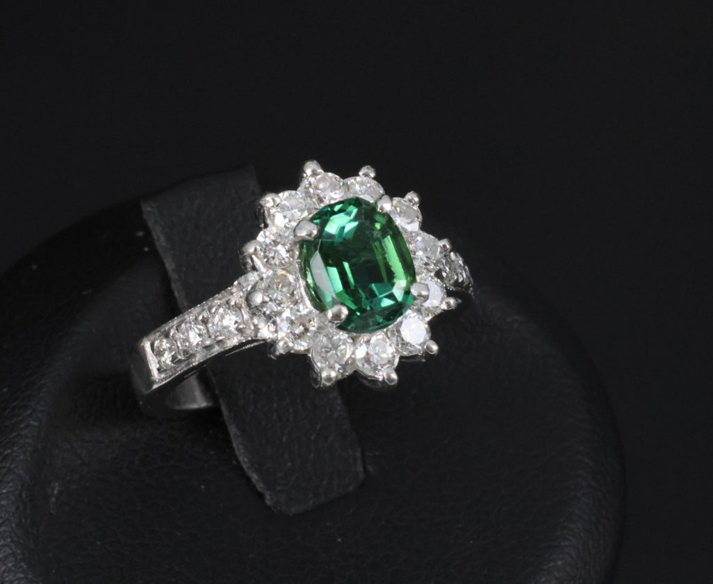 Vintage 1.19ct Chrome Green Tourmaline & 0.73ct Diamond Platinum Ring, Size 5.5