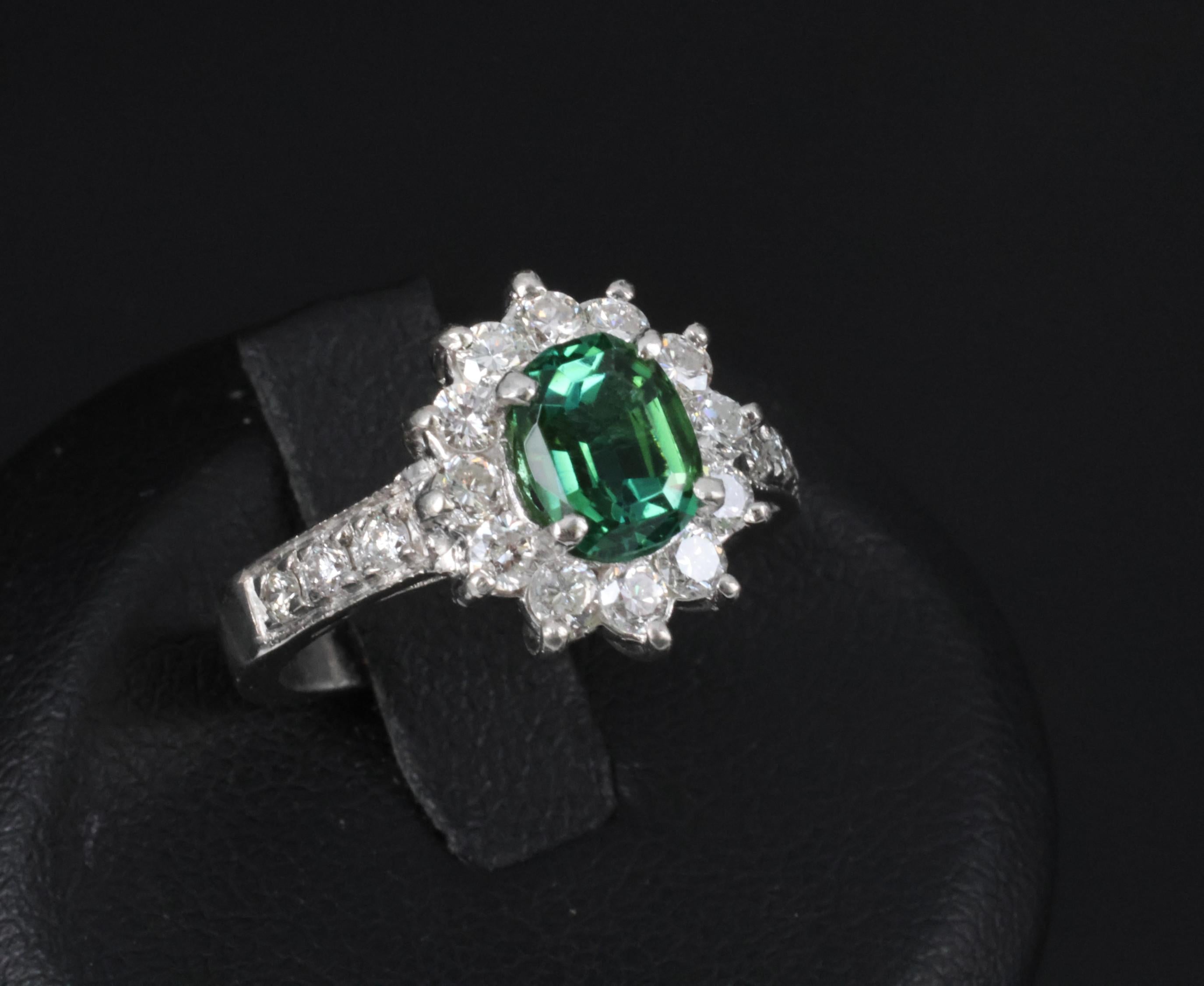 Vintage 1.19ct Chrome Green Tourmaline & 0.73ct Diamond Platinum Ring, Size 5.5
