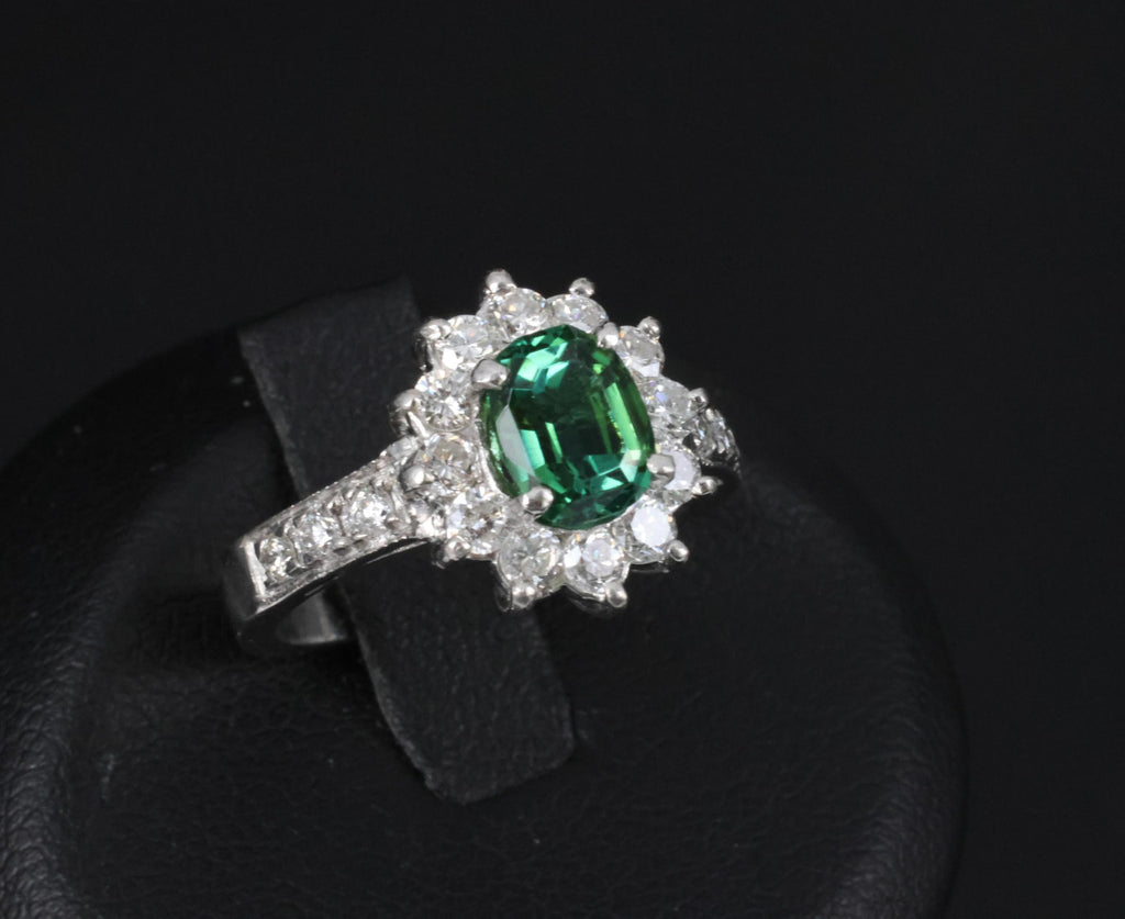 Vintage 1.19ct Chrome Green Tourmaline & 0.73ct Diamond Platinum Ring, Size 5.5