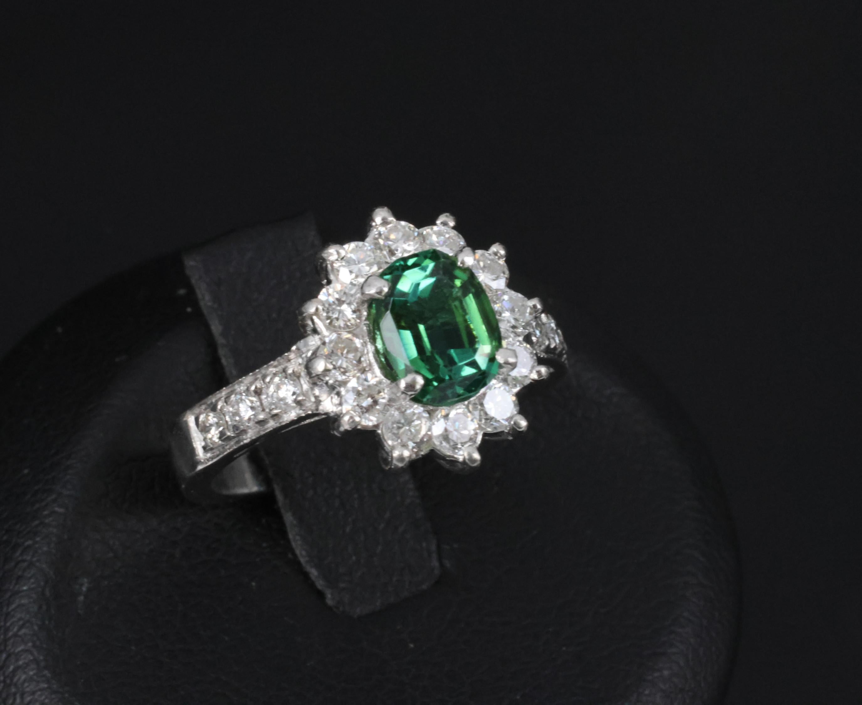 Vintage 1.19ct Chrome Green Tourmaline & 0.73ct Diamond Platinum Ring, Size 5.5