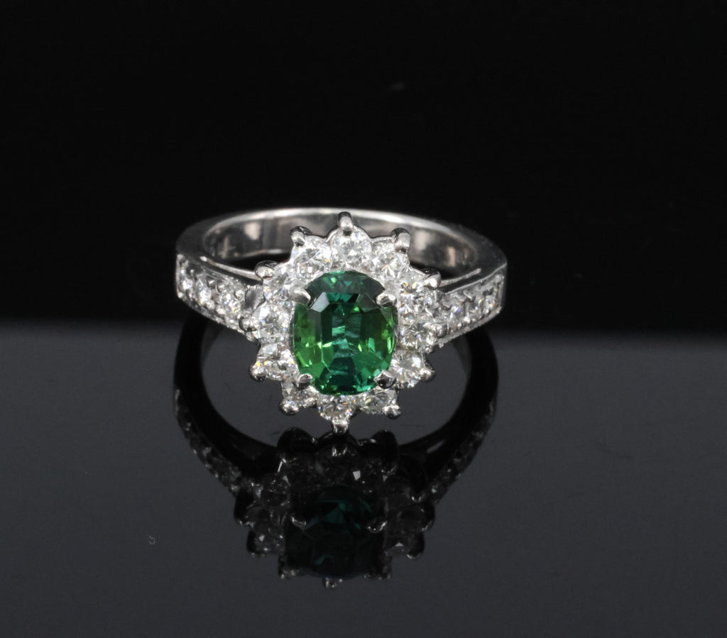 Vintage 1.19ct Chrome Green Tourmaline & 0.73ct Diamond Platinum Ring, Size 5.5