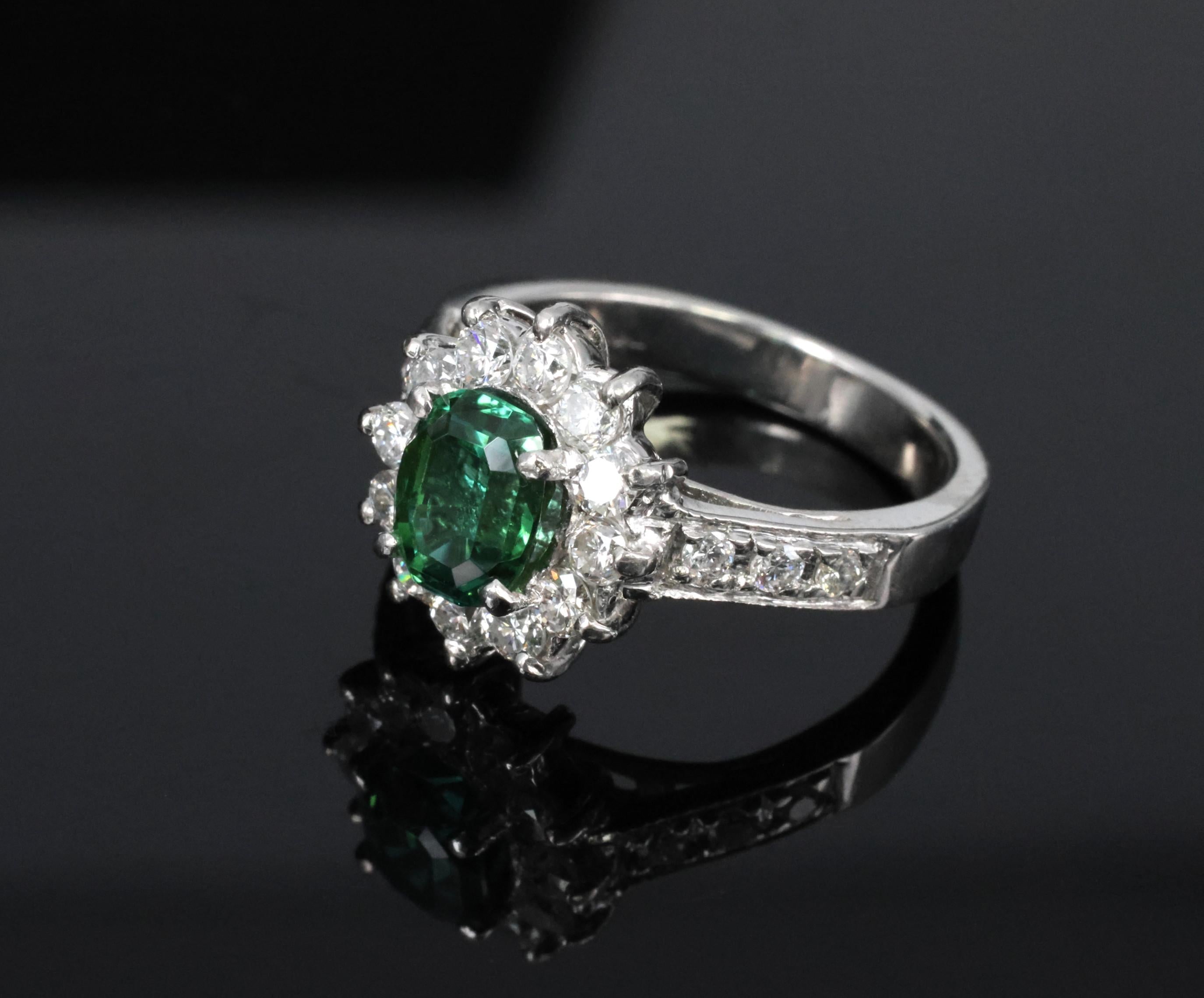 Vintage 1.19ct Chrome Green Tourmaline & 0.73ct Diamond Platinum Ring, Size 5.5