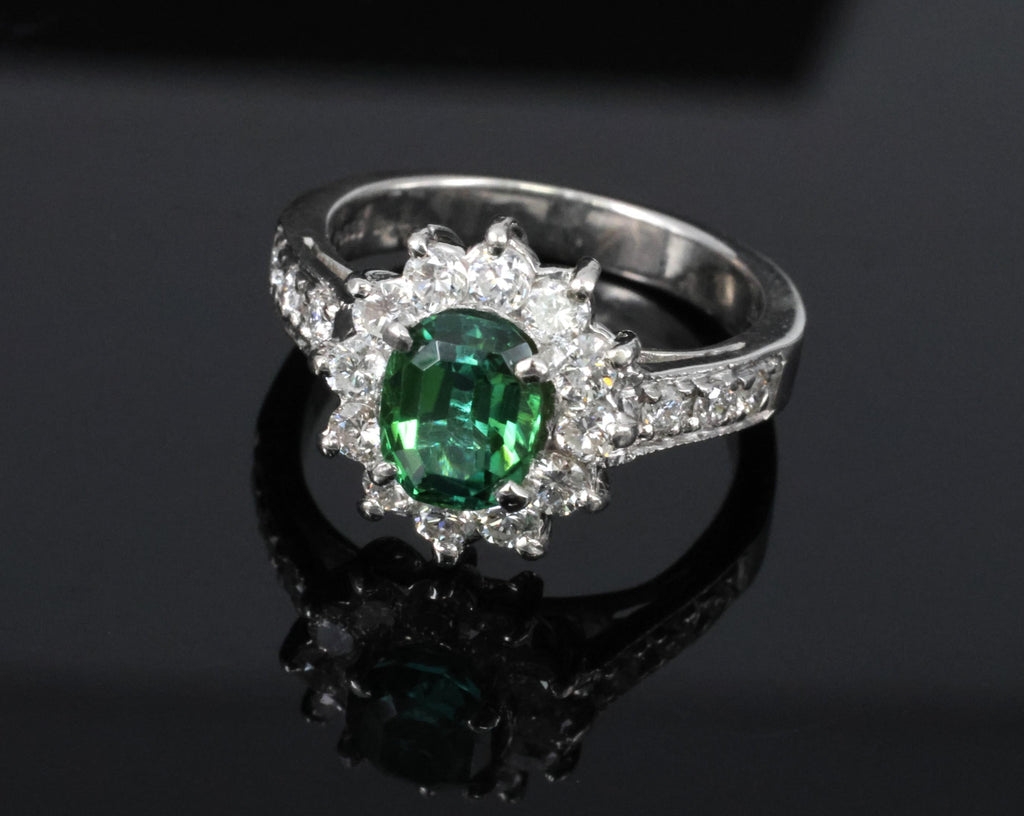 Vintage 1.19ct Chrome Green Tourmaline & 0.73ct Diamond Platinum Ring, Size 5.5