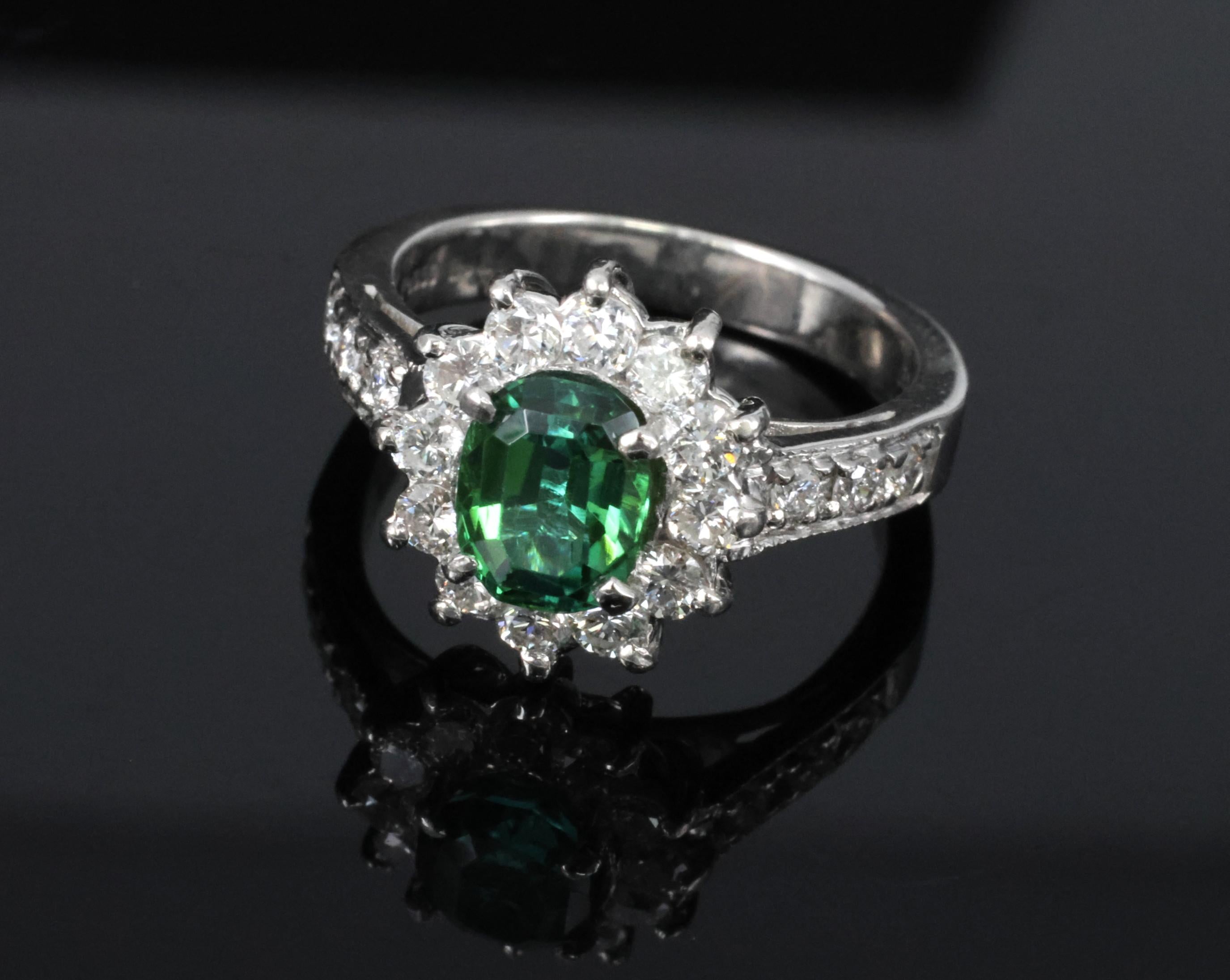 Vintage 1.19ct Chrome Green Tourmaline & 0.73ct Diamond Platinum Ring, Size 5.5