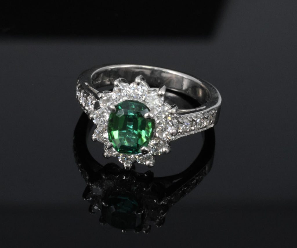 Vintage 1.19ct Chrome Green Tourmaline & 0.73ct Diamond Platinum Ring, Size 5.5