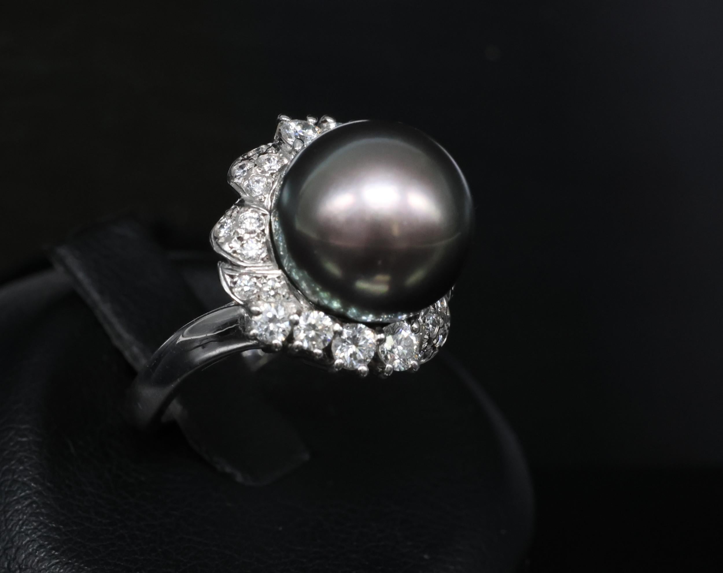 12.1mm Mikimoto Aurora Lagoon Peacock Pearl 0.67ct Diamond Platinum Ring Sz-5.5