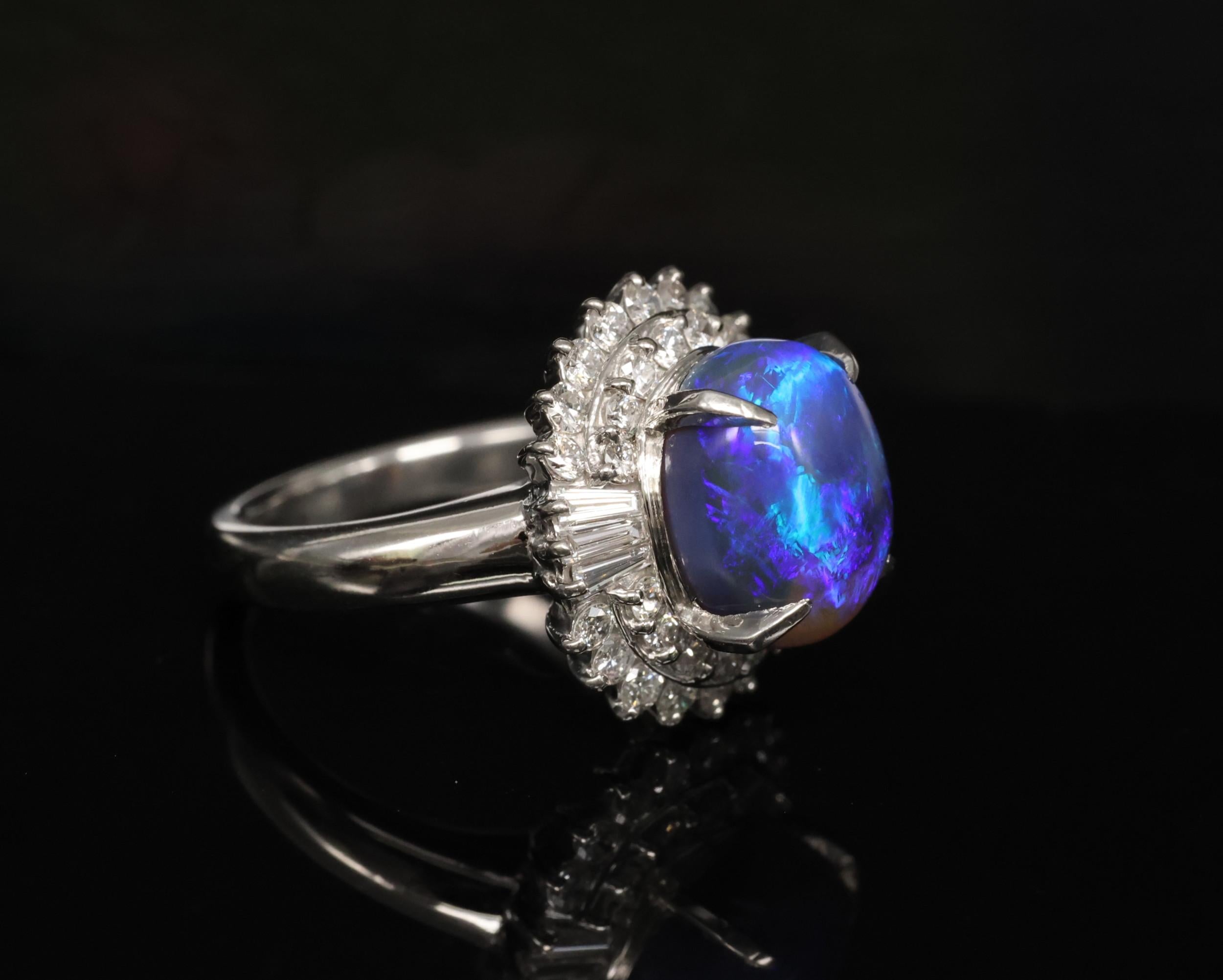 Vintage 3.60ct Natural Black Opal 0.81ct Diamond Platinum Ring Size 4