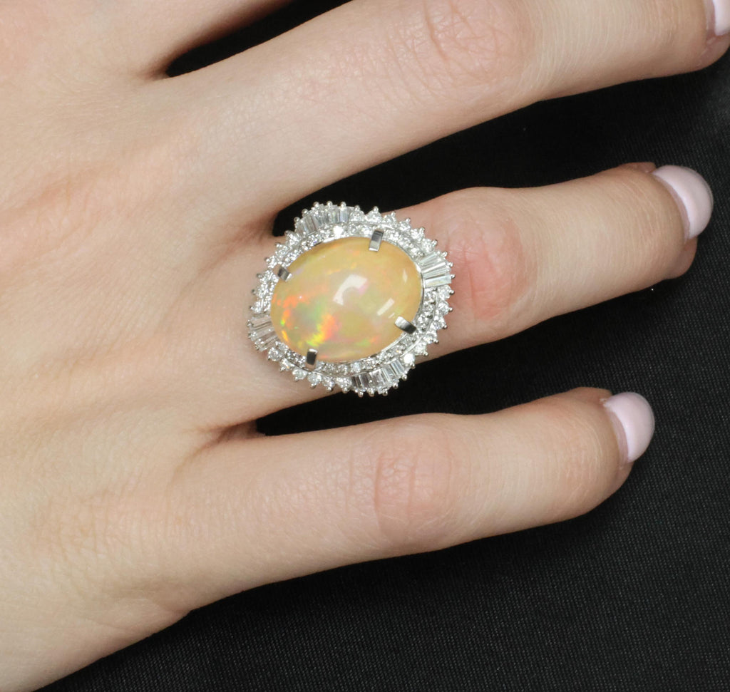 8.24ct Natural Precious Mexican Fire Opal & 1.16ct Diamond Platinum Ring Size 6