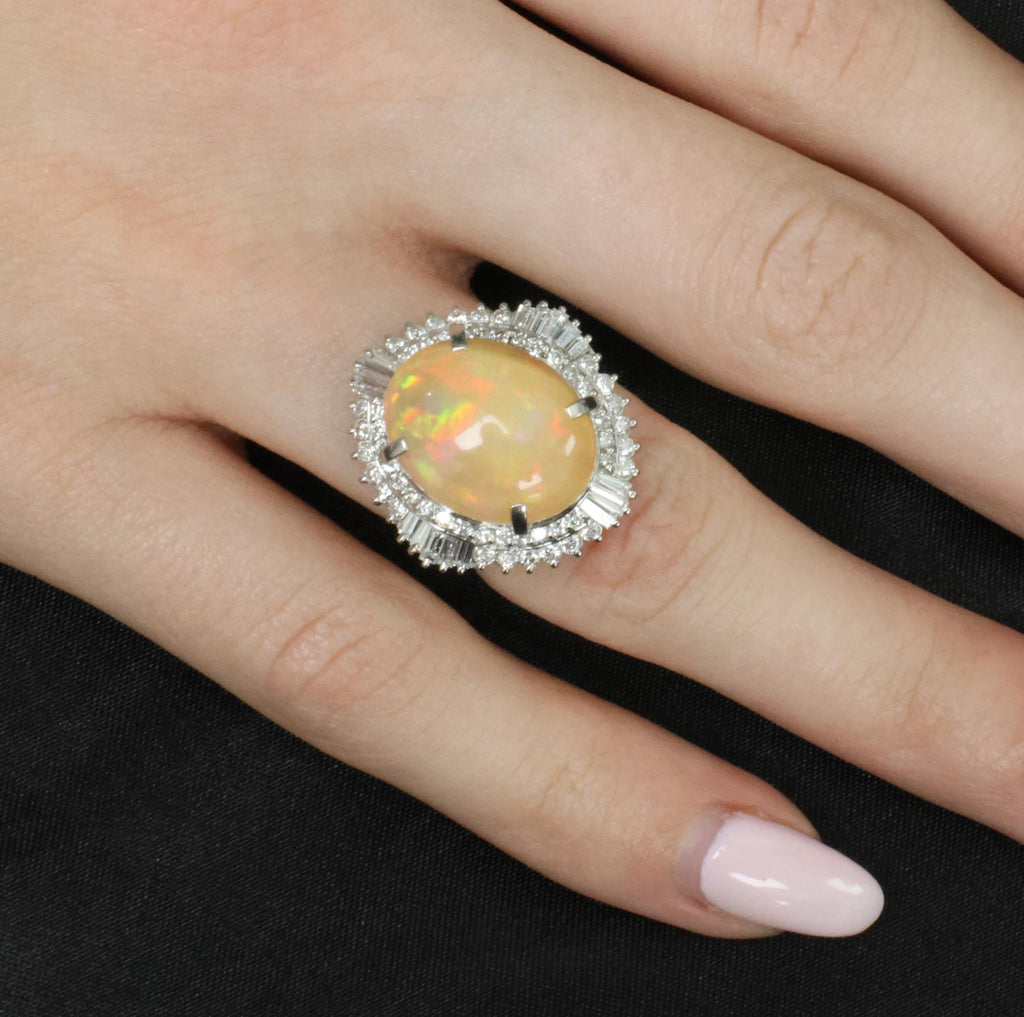8.24ct Natural Precious Mexican Fire Opal & 1.16ct Diamond Platinum Ring Size 6