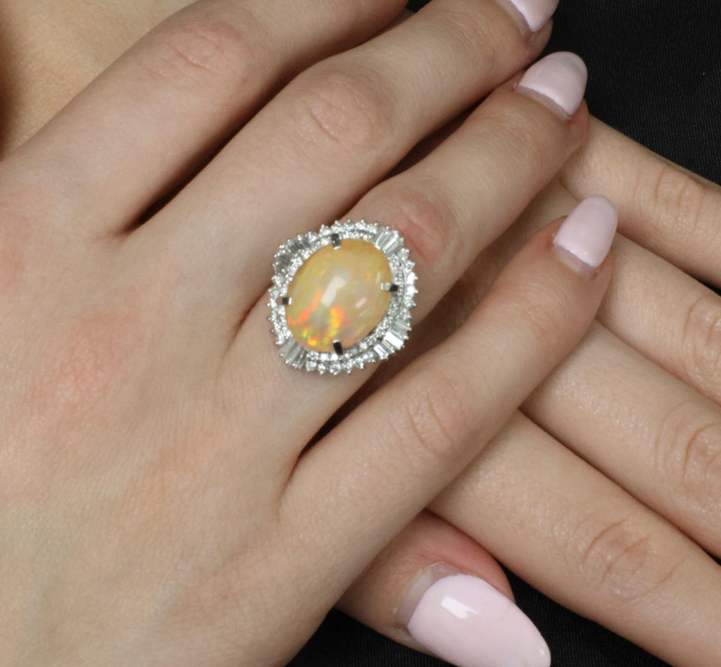 8.24ct Natural Precious Mexican Fire Opal & 1.16ct Diamond Platinum Ring Size 6