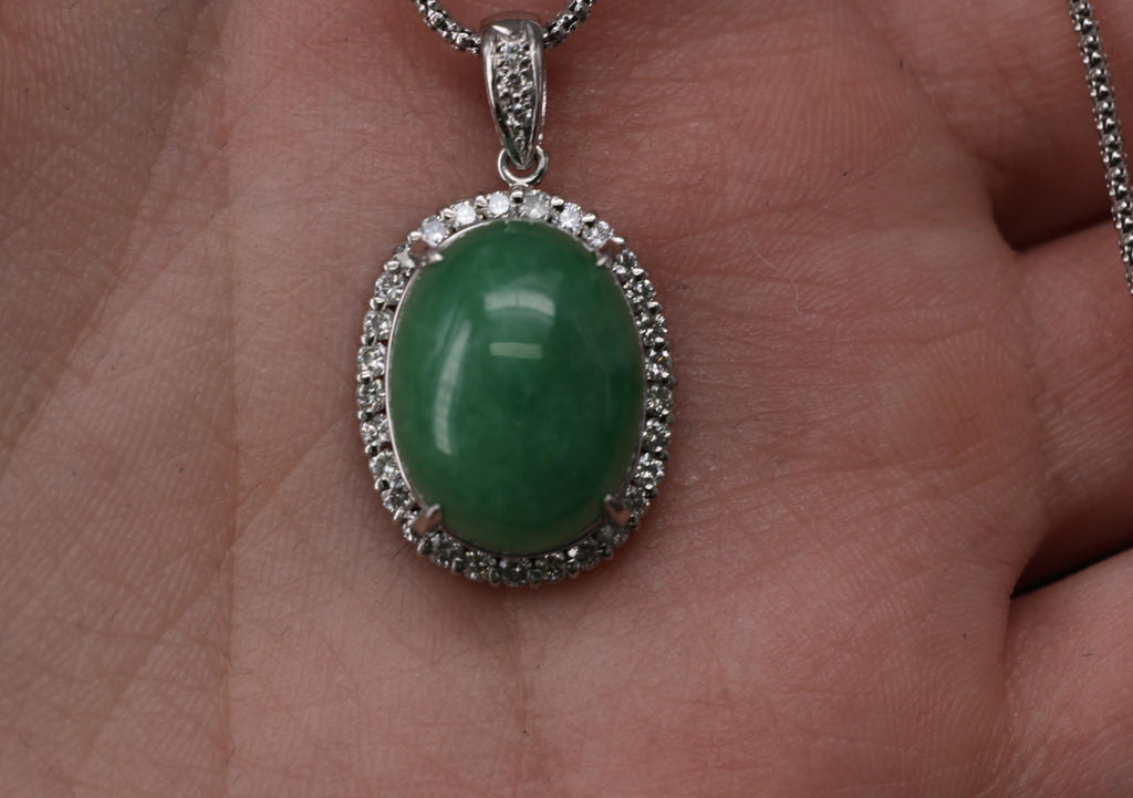13.24ct Natural Untreated Jadeite Jade 0.61ct Diamond Platinum 17" Necklace