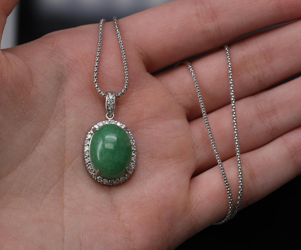 13.24ct Natural Untreated Jadeite Jade 0.61ct Diamond Platinum 17" Necklace