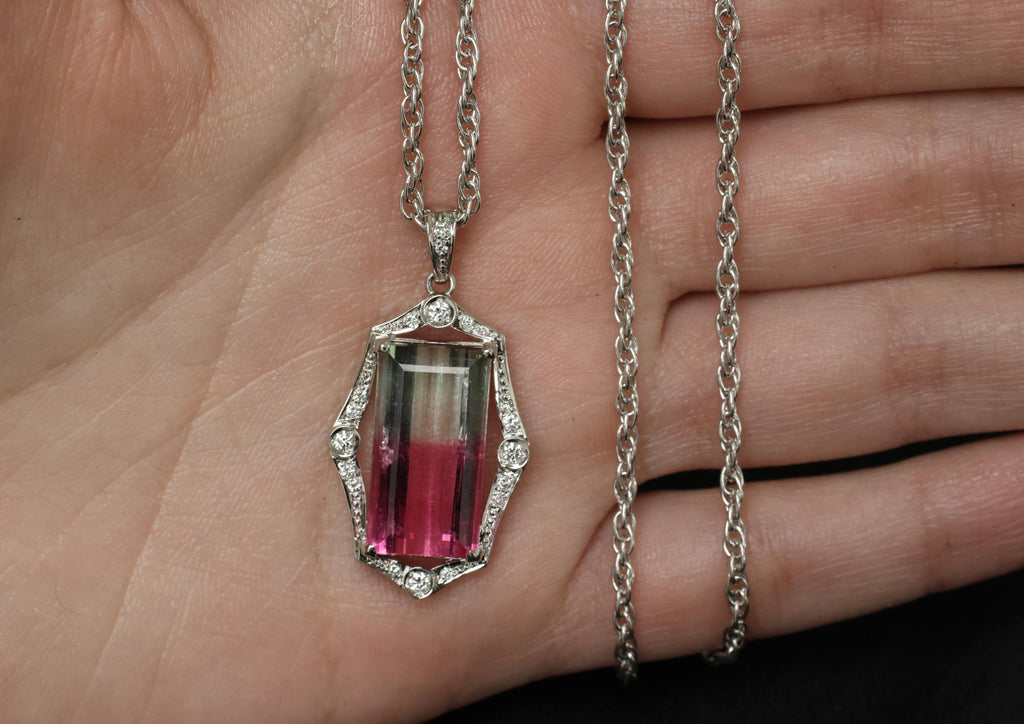 Fine 12.23ct Natural Watermelon Tourmaline & 0.24ct Diamond Platinum Necklace