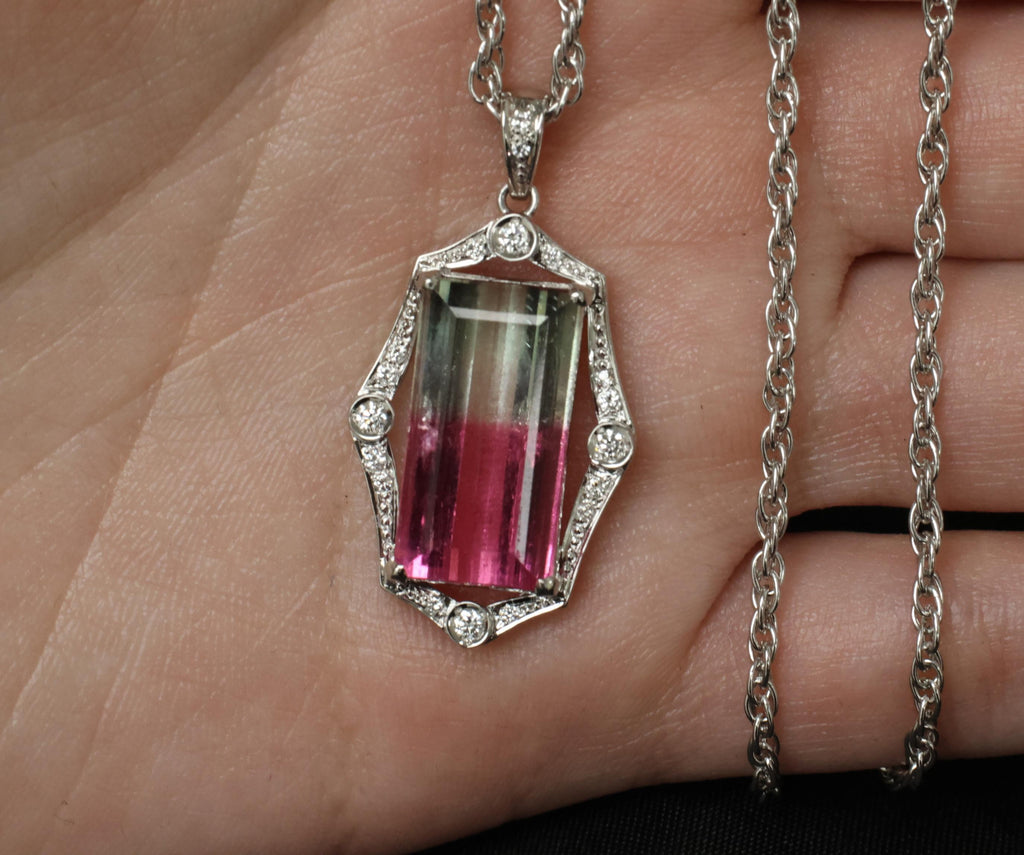 Fine 12.23ct Natural Watermelon Tourmaline & 0.24ct Diamond Platinum Necklace