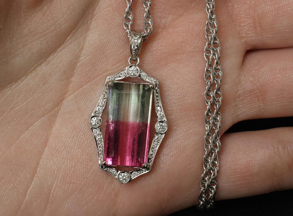 Fine 12.23ct Natural Watermelon Tourmaline & 0.24ct Diamond Platinum Necklace