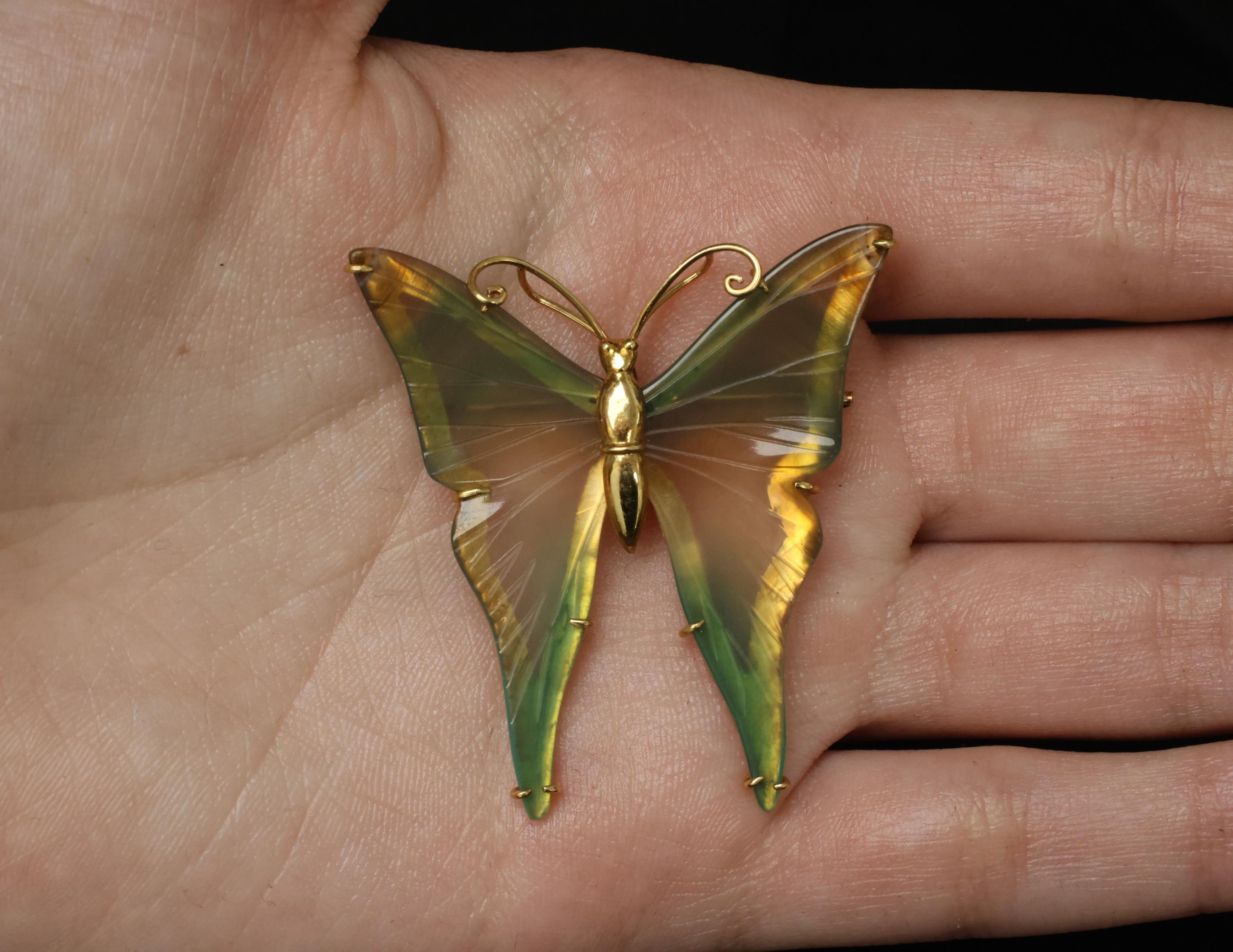 Vintage Natural Quartz & 18K Yellow Gold Butterfly Shape Brooch