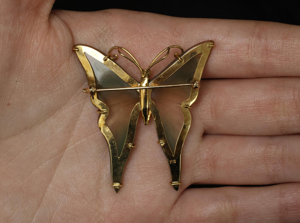 Vintage Natural Quartz & 18K Yellow Gold Butterfly Shape Brooch