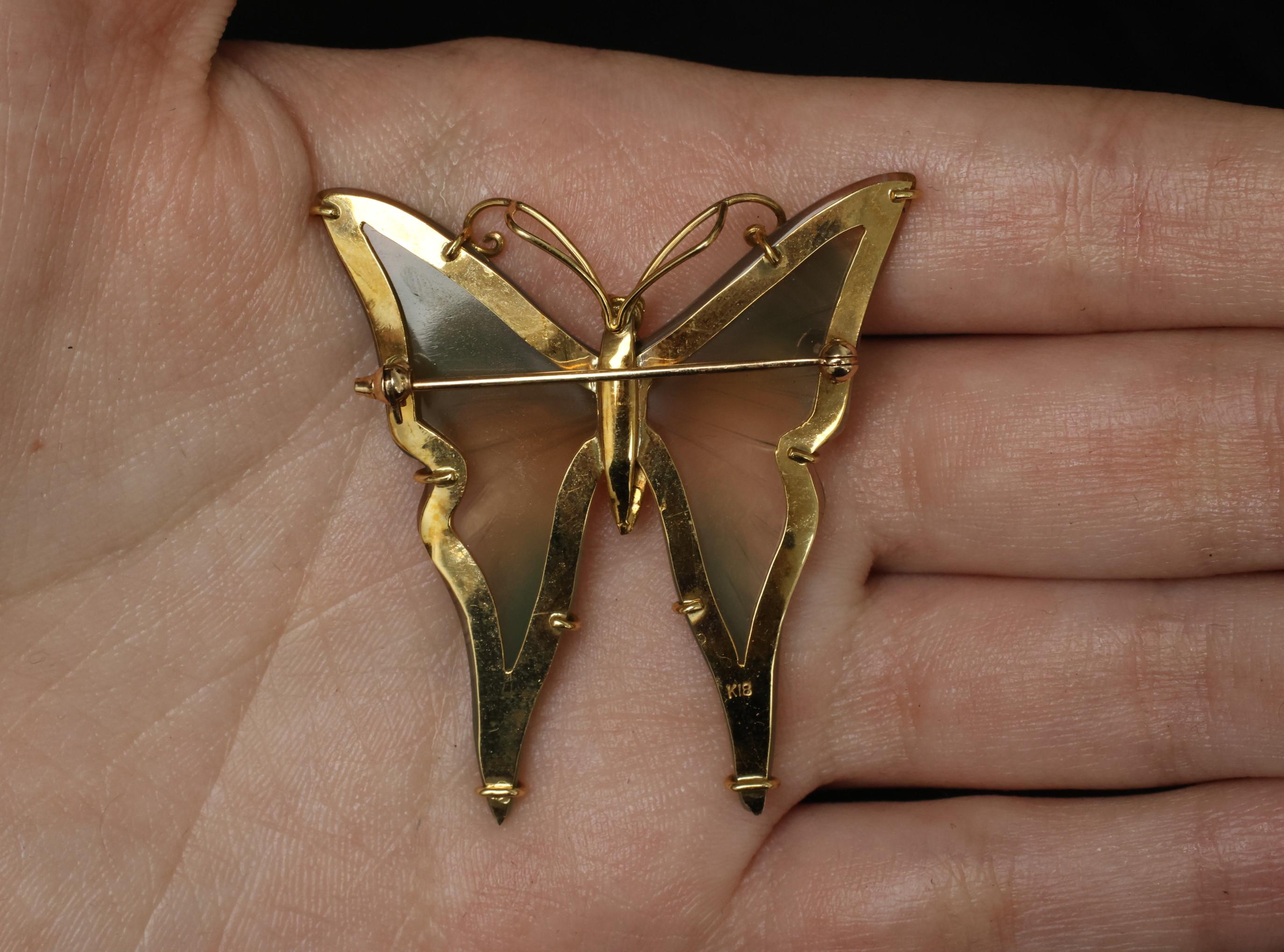 Vintage Natural Quartz & 18K Yellow Gold Butterfly Shape Brooch