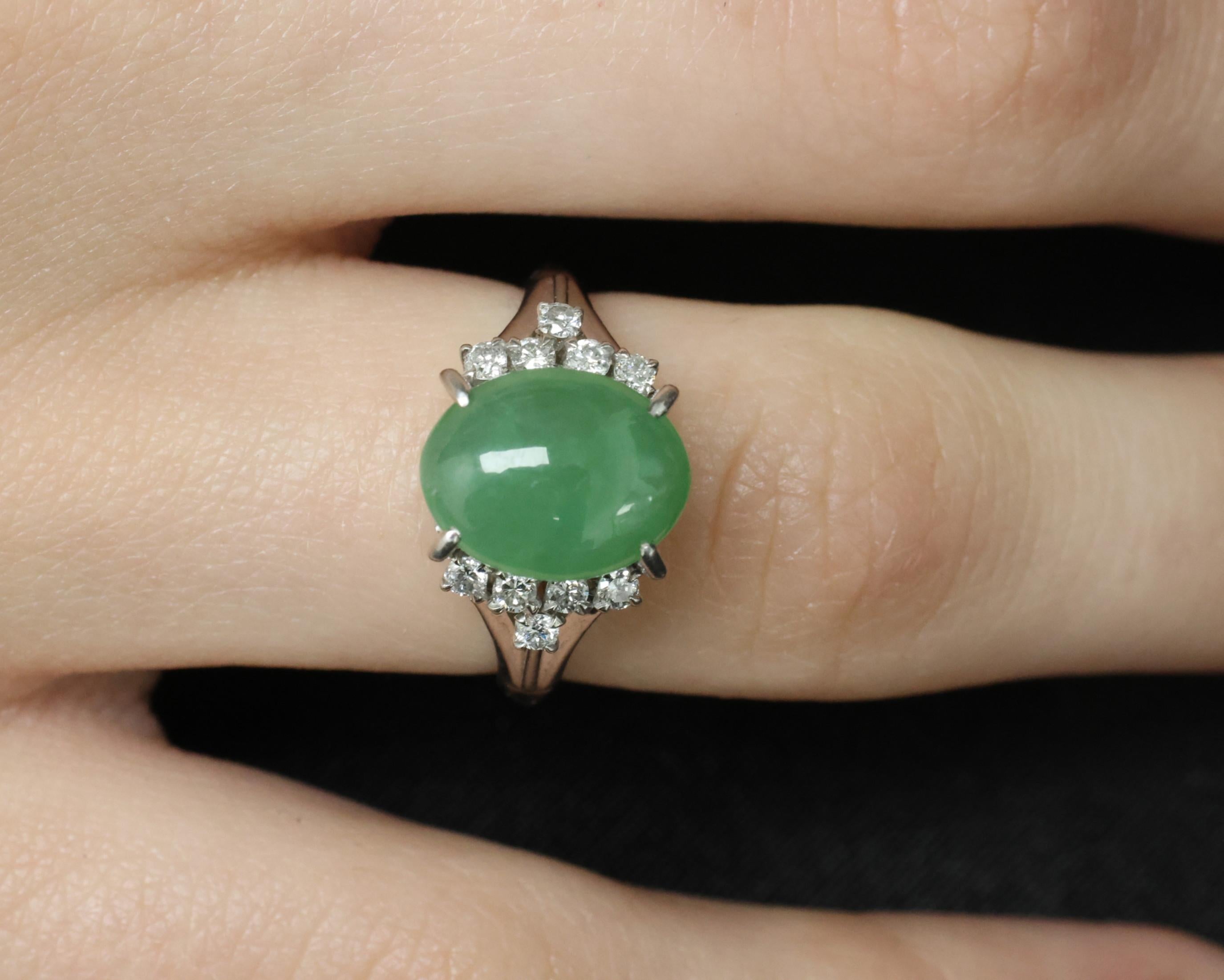Fine 2.45ct Natural Jadeite Jade & 0.24ct Diamond Platinum Ring, Size 6