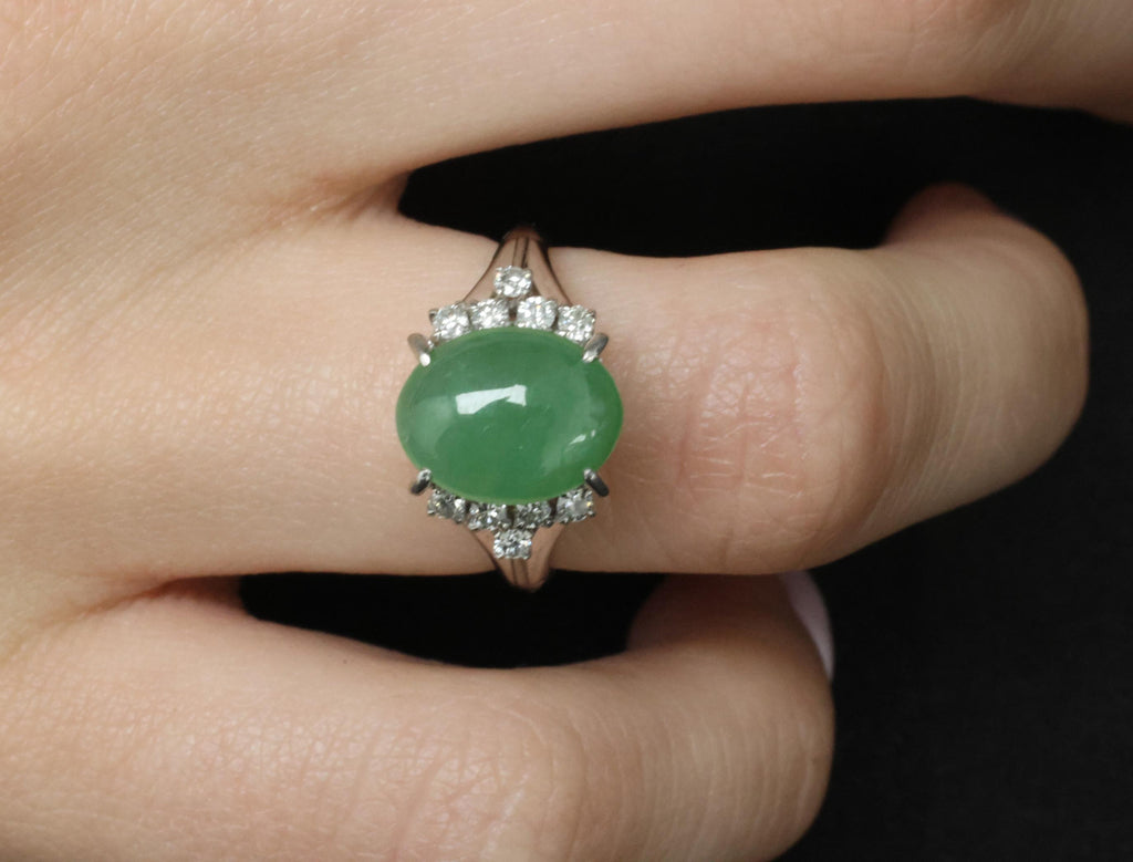 Fine 2.45ct Natural Jadeite Jade & 0.24ct Diamond Platinum Ring, Size 6