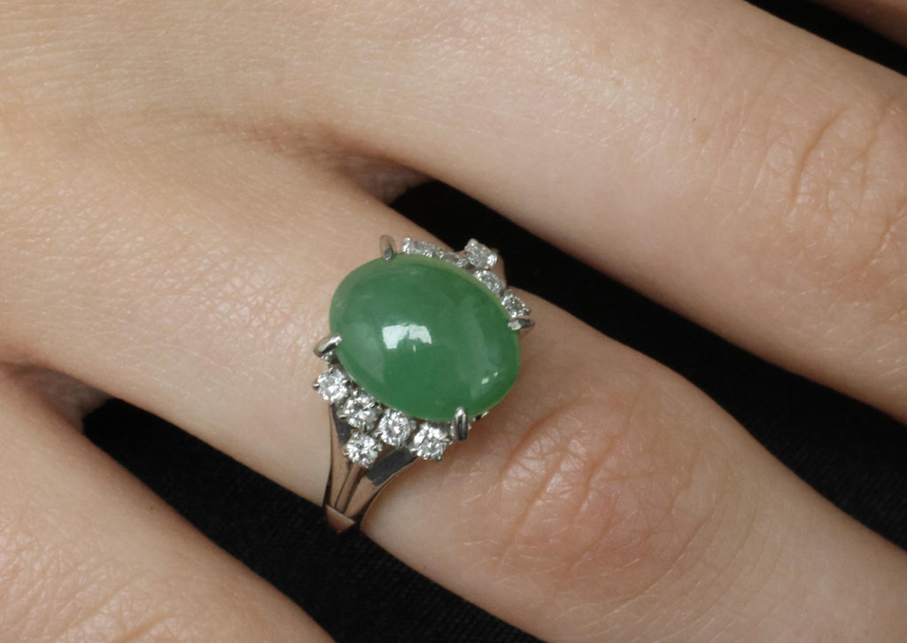 Fine 2.45ct Natural Jadeite Jade & 0.24ct Diamond Platinum Ring, Size 6
