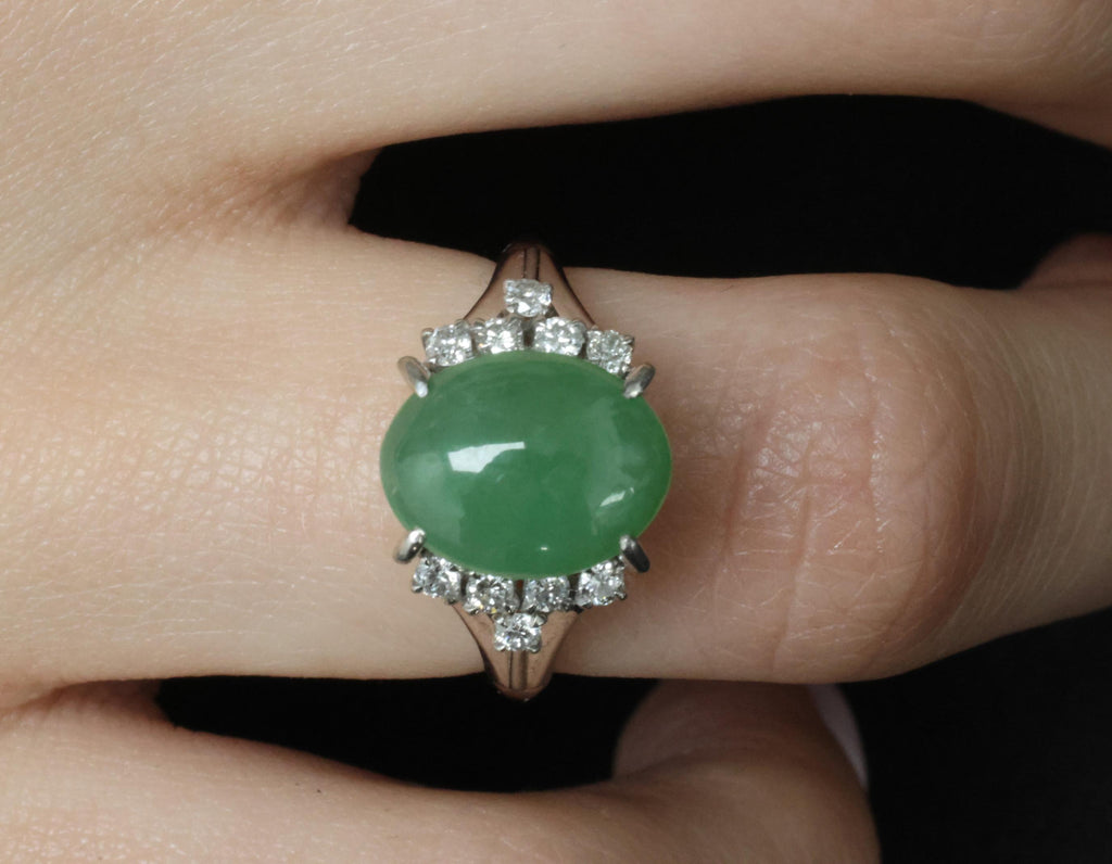 Fine 2.45ct Natural Jadeite Jade & 0.24ct Diamond Platinum Ring, Size 6