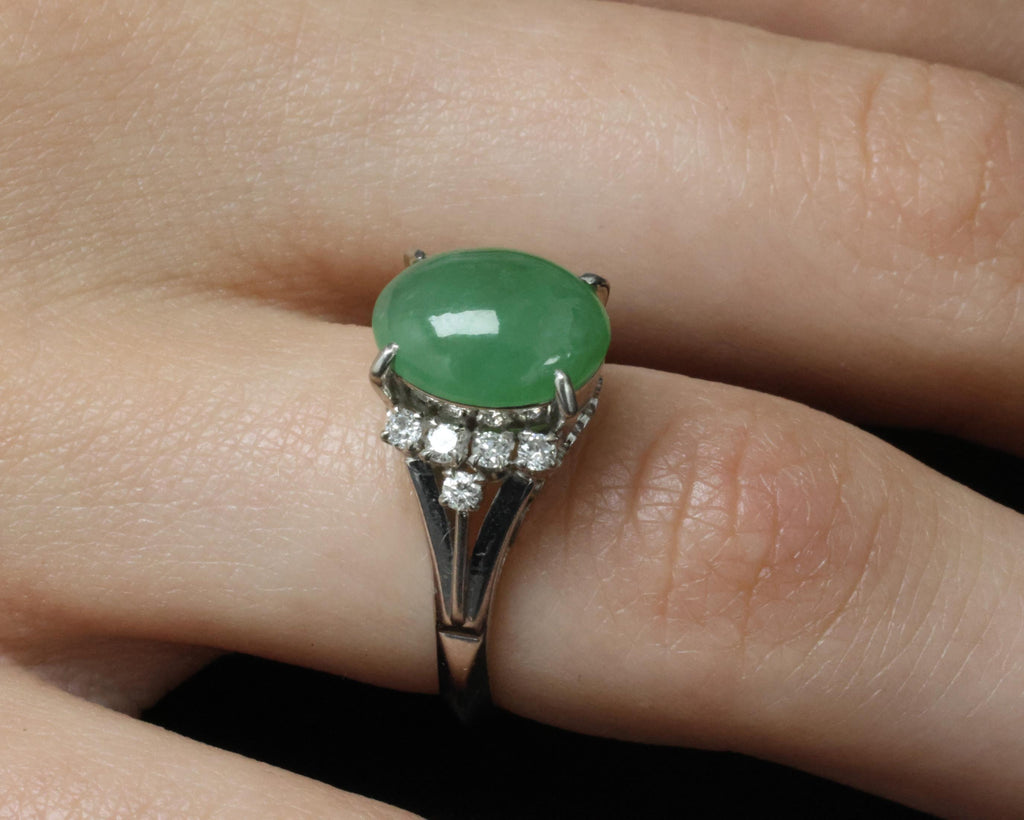 Fine 2.45ct Natural Jadeite Jade & 0.24ct Diamond Platinum Ring, Size 6