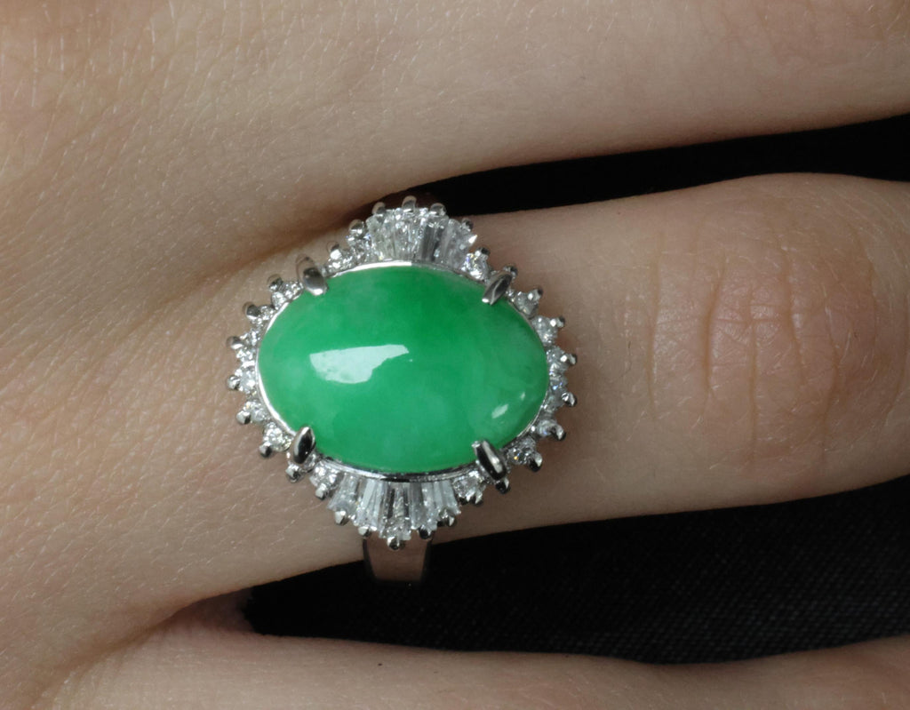 5.22ct Natural Apple Green Jadeite Jade & 0.68ct Diamond Platinum Ring Size 8.75