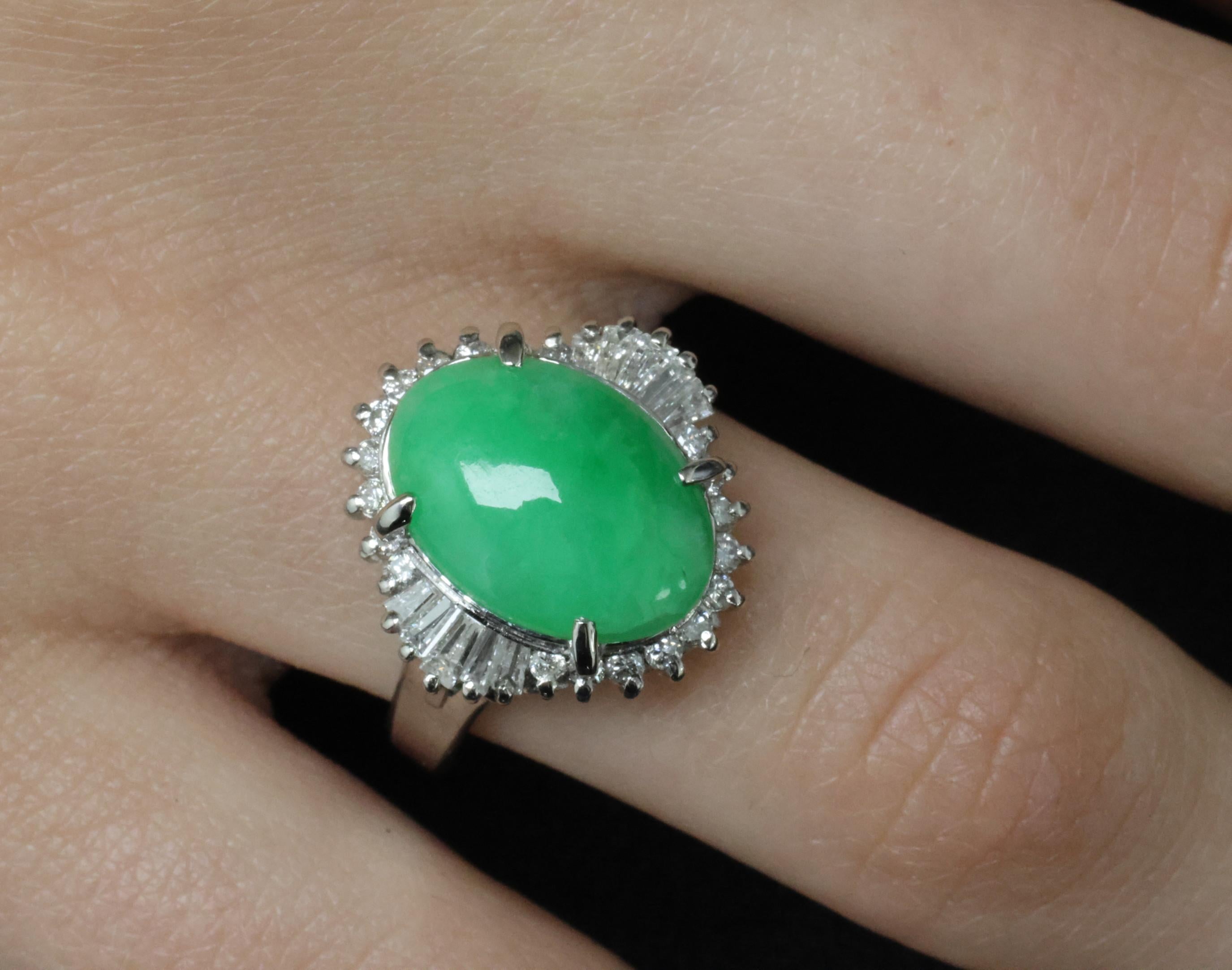 5.22ct Natural Apple Green Jadeite Jade & 0.68ct Diamond Platinum Ring Size 8.75