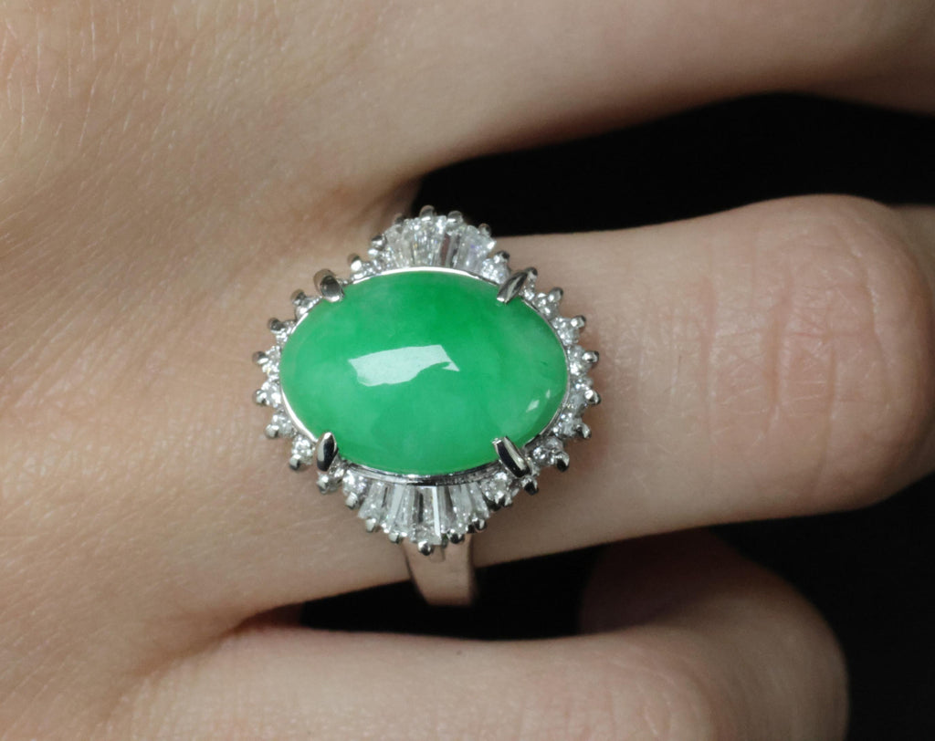 5.22ct Natural Apple Green Jadeite Jade & 0.68ct Diamond Platinum Ring Size 8.75