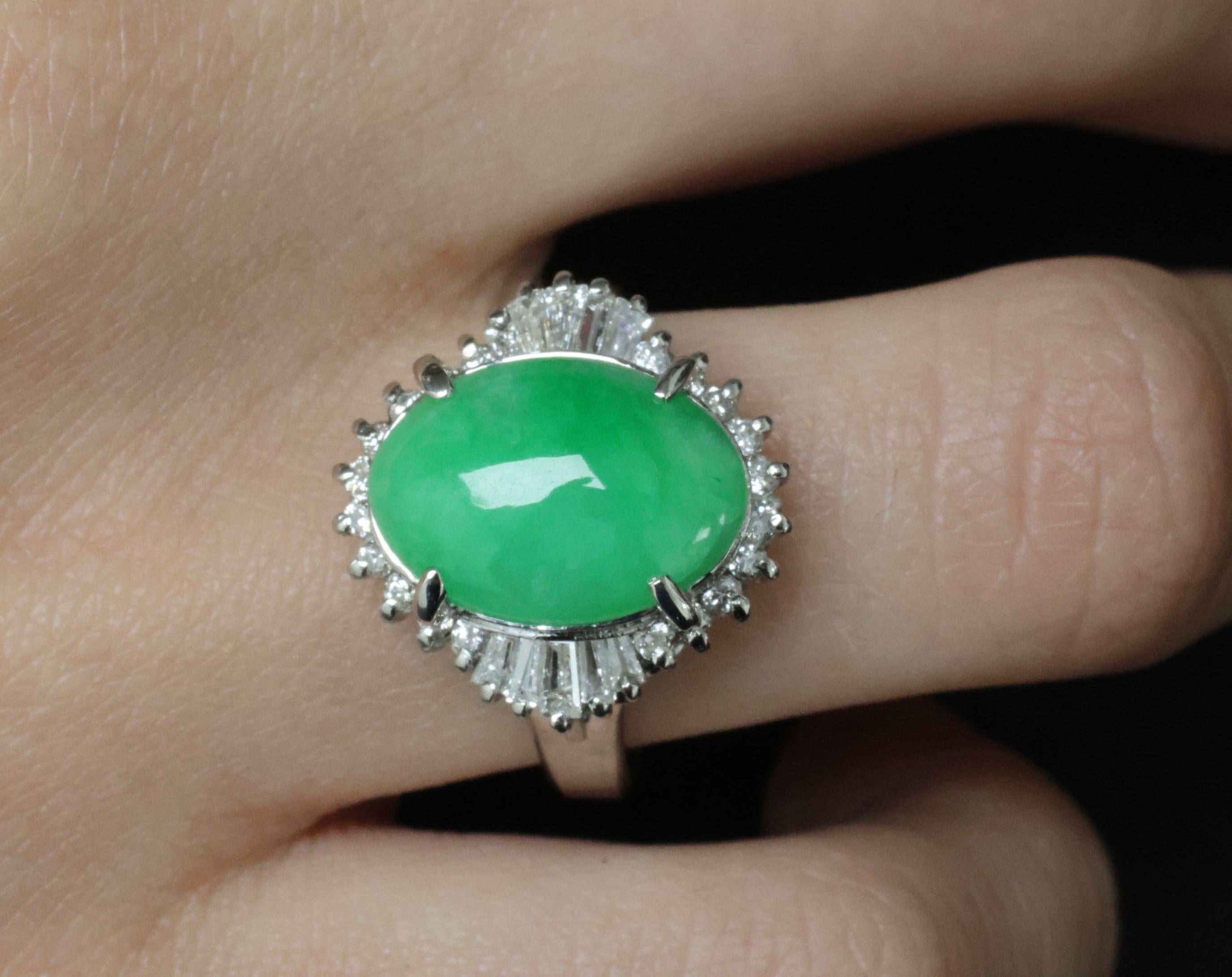 5.22ct Natural Apple Green Jadeite Jade & 0.68ct Diamond Platinum Ring Size 8.75
