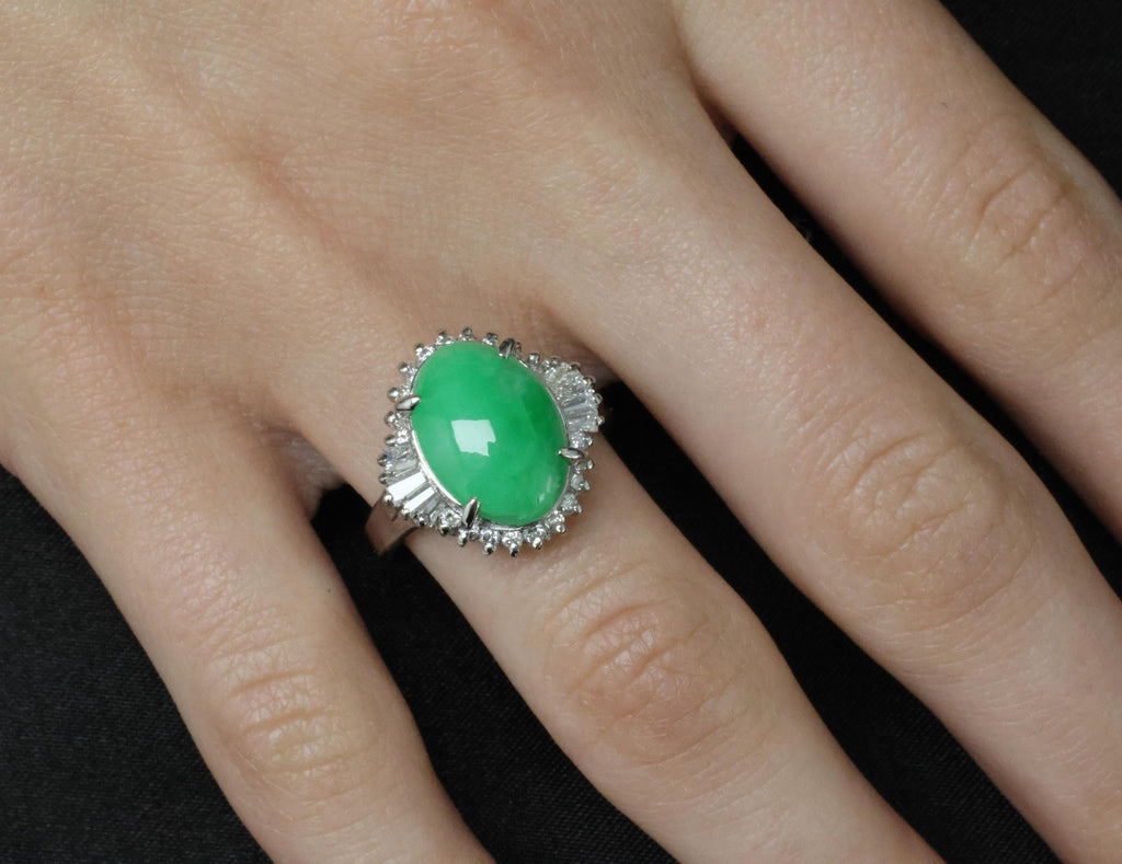 5.22ct Natural Apple Green Jadeite Jade & 0.68ct Diamond Platinum Ring Size 8.75