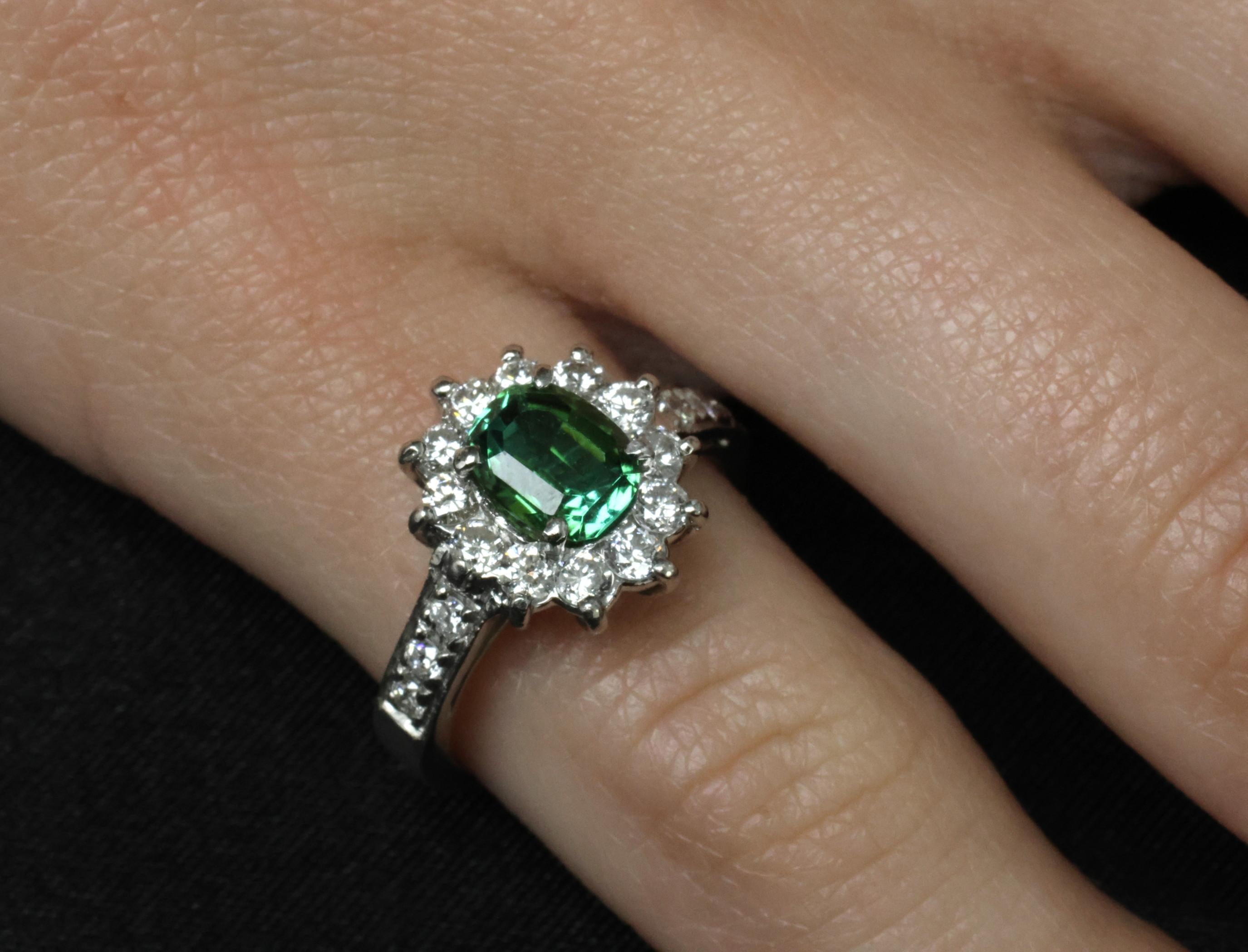 Vintage 1.19ct Chrome Green Tourmaline & 0.73ct Diamond Platinum Ring, Size 5.5