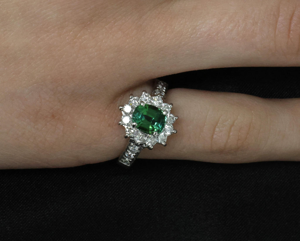 Vintage 1.19ct Chrome Green Tourmaline & 0.73ct Diamond Platinum Ring, Size 5.5