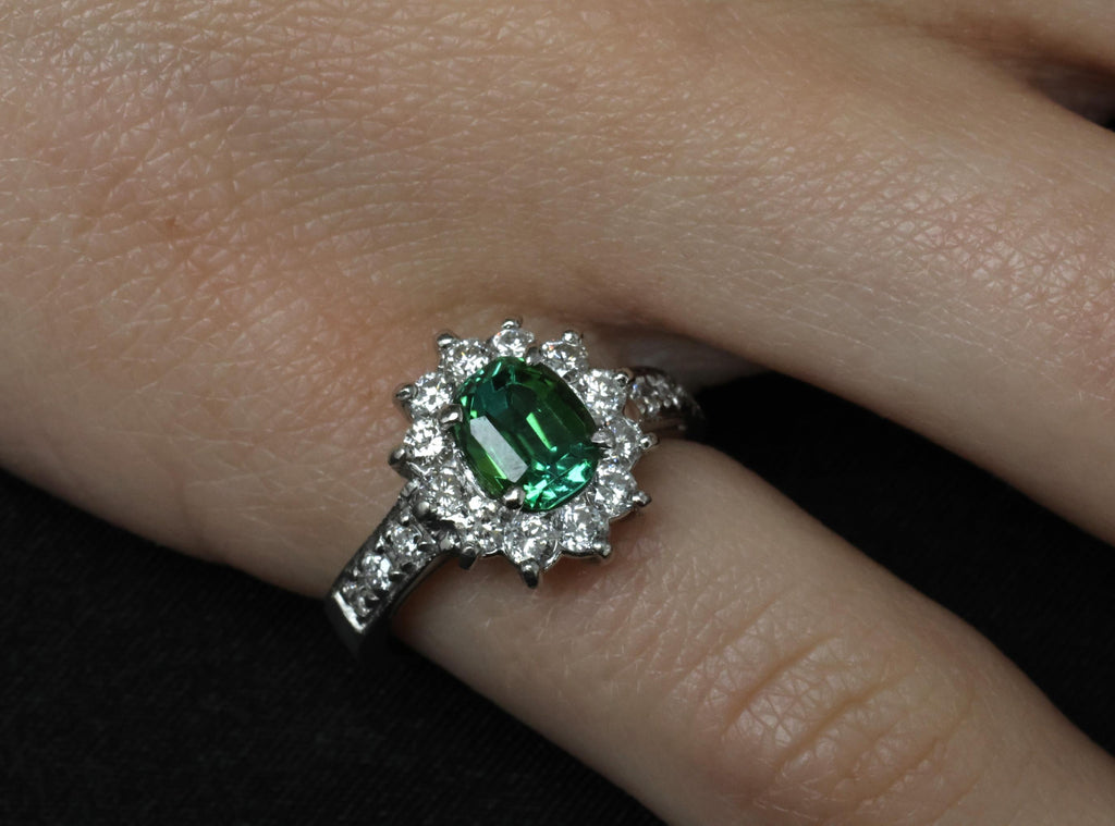 Vintage 1.19ct Chrome Green Tourmaline & 0.73ct Diamond Platinum Ring, Size 5.5