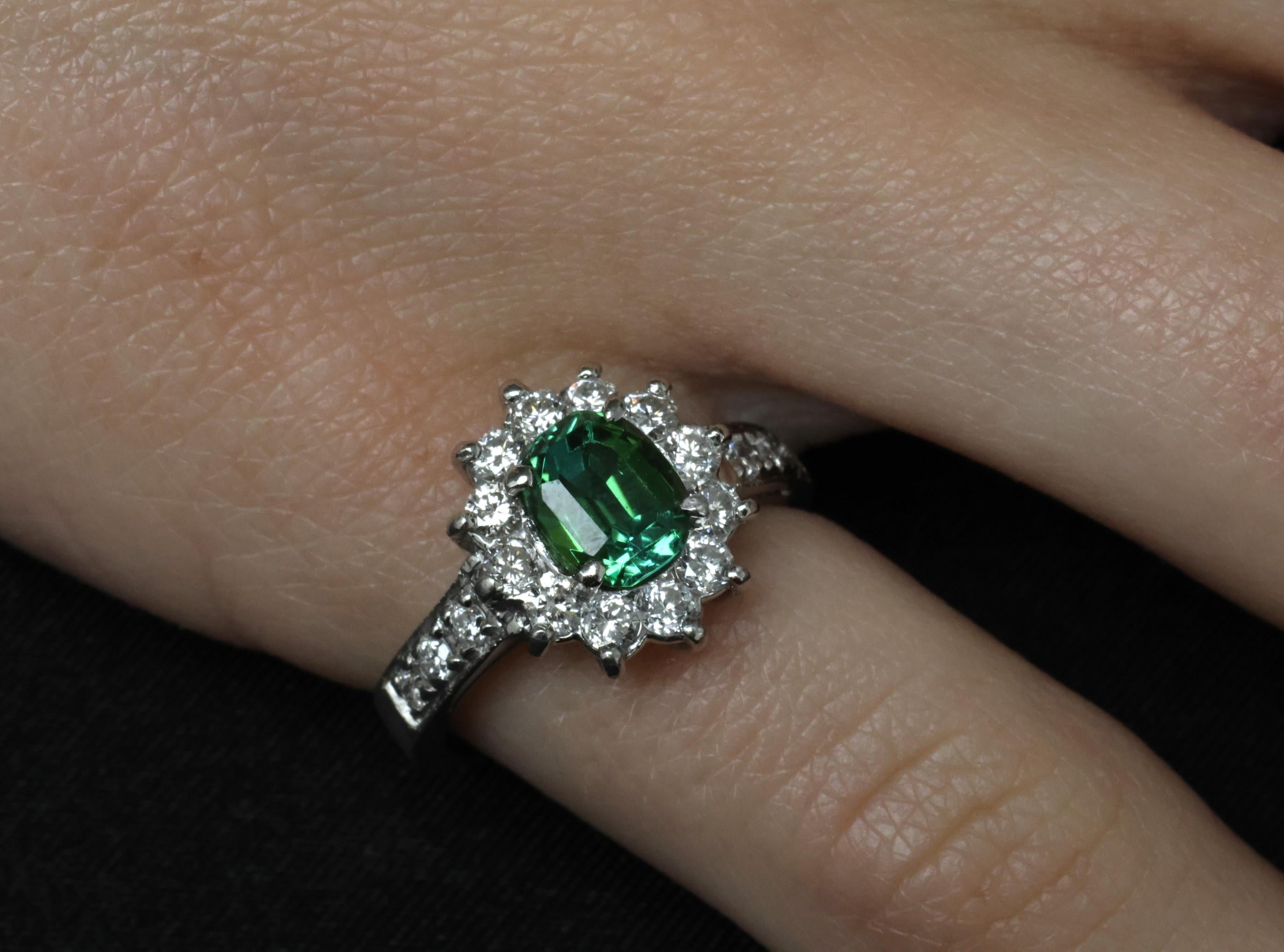 Vintage 1.19ct Chrome Green Tourmaline & 0.73ct Diamond Platinum Ring, Size 5.5