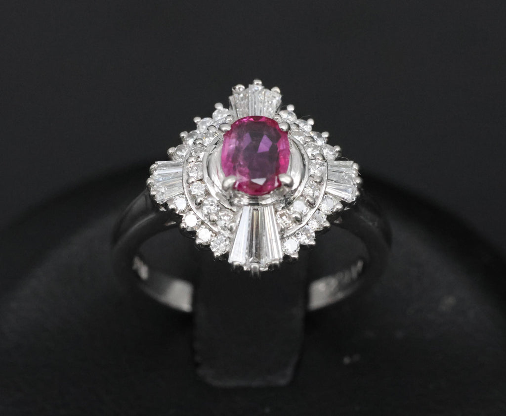 Vintage 0.39ct Ruby & 0.41ct Diamond Platinum Cocktail Ring, Size 4.25