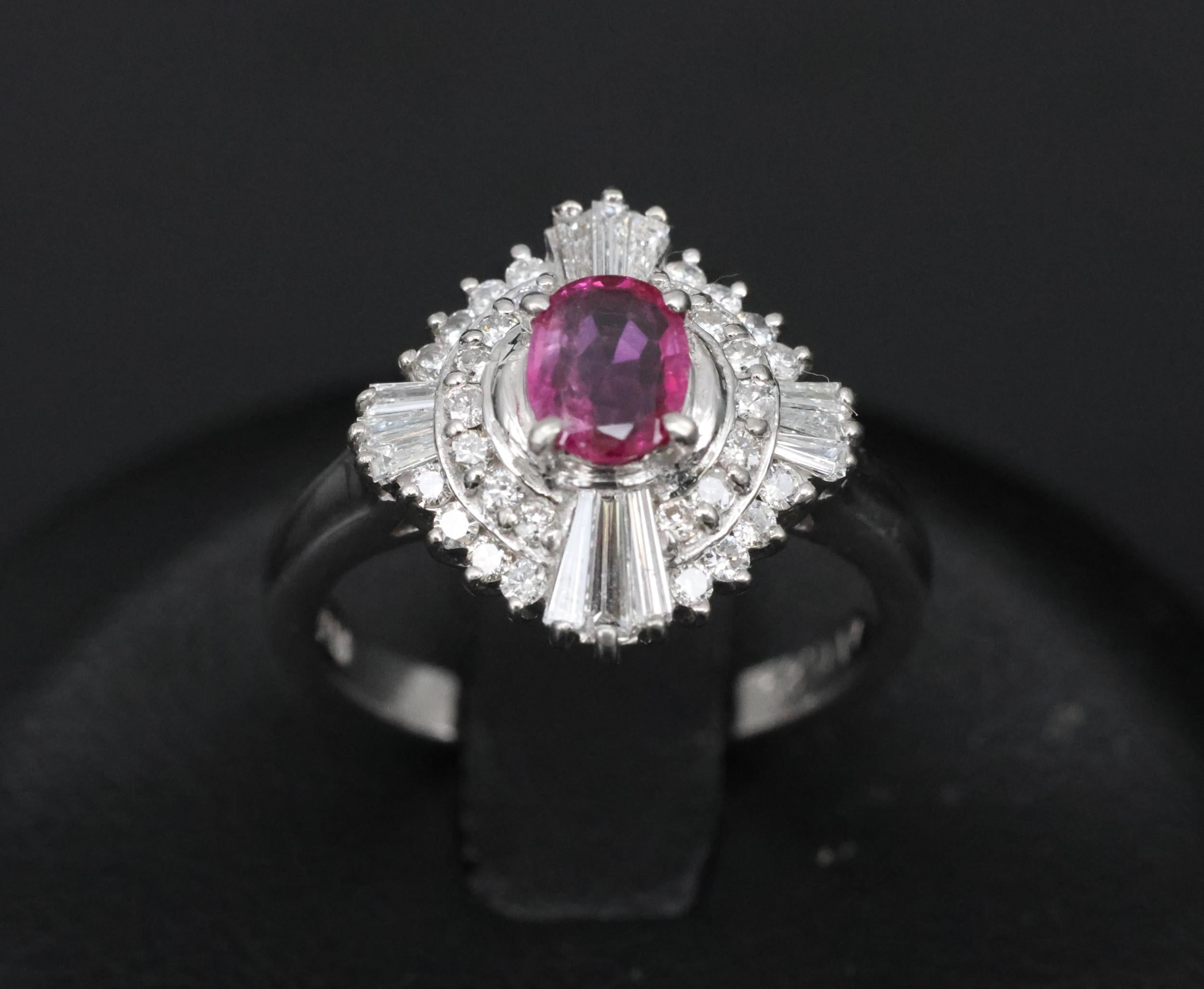Vintage 0.39ct Ruby & 0.41ct Diamond Platinum Cocktail Ring, Size 4.25