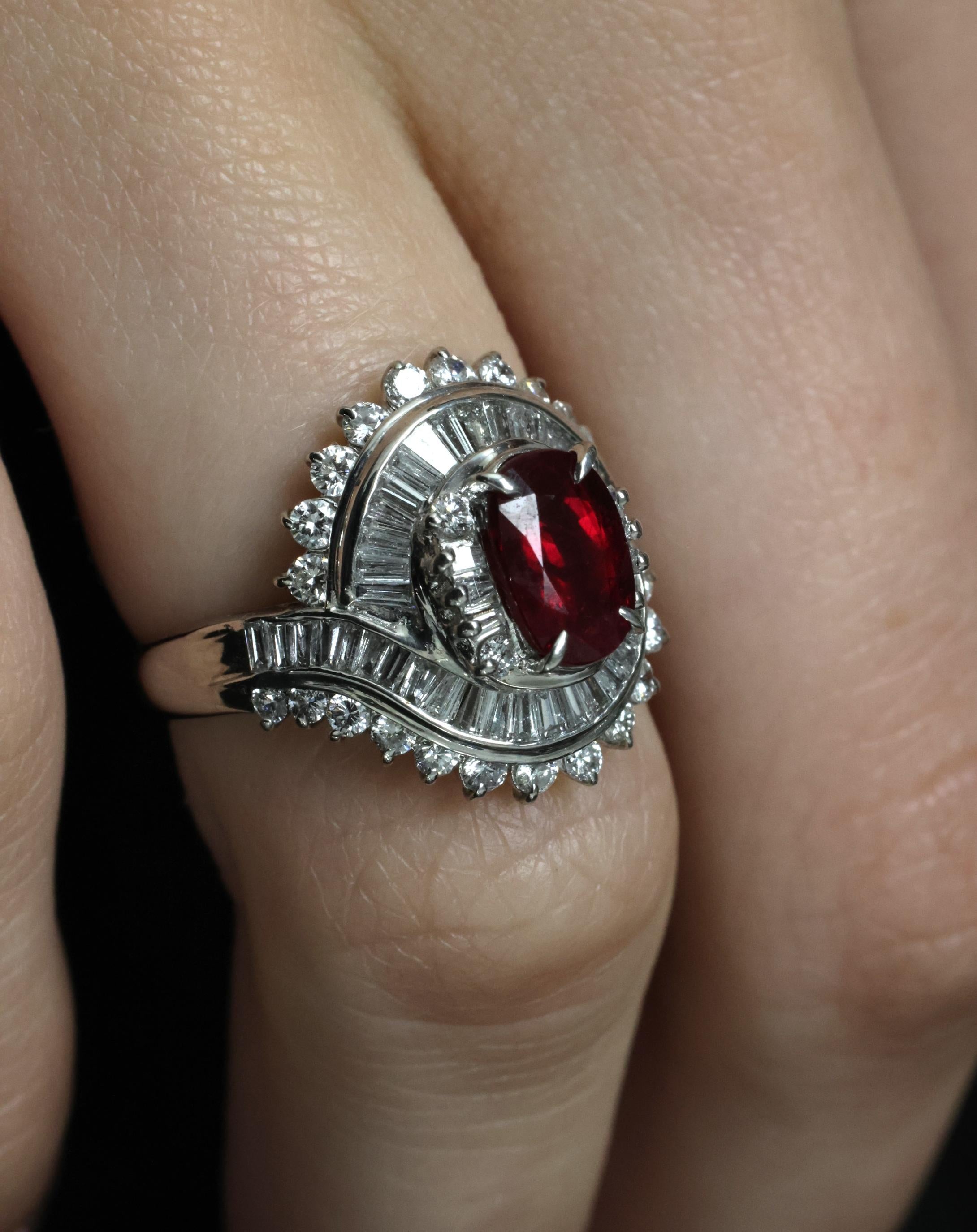 Intense Red 1.46ct GIA Certified Thai Ruby 1.20ct Diamond Platinum Ring Size 5.5