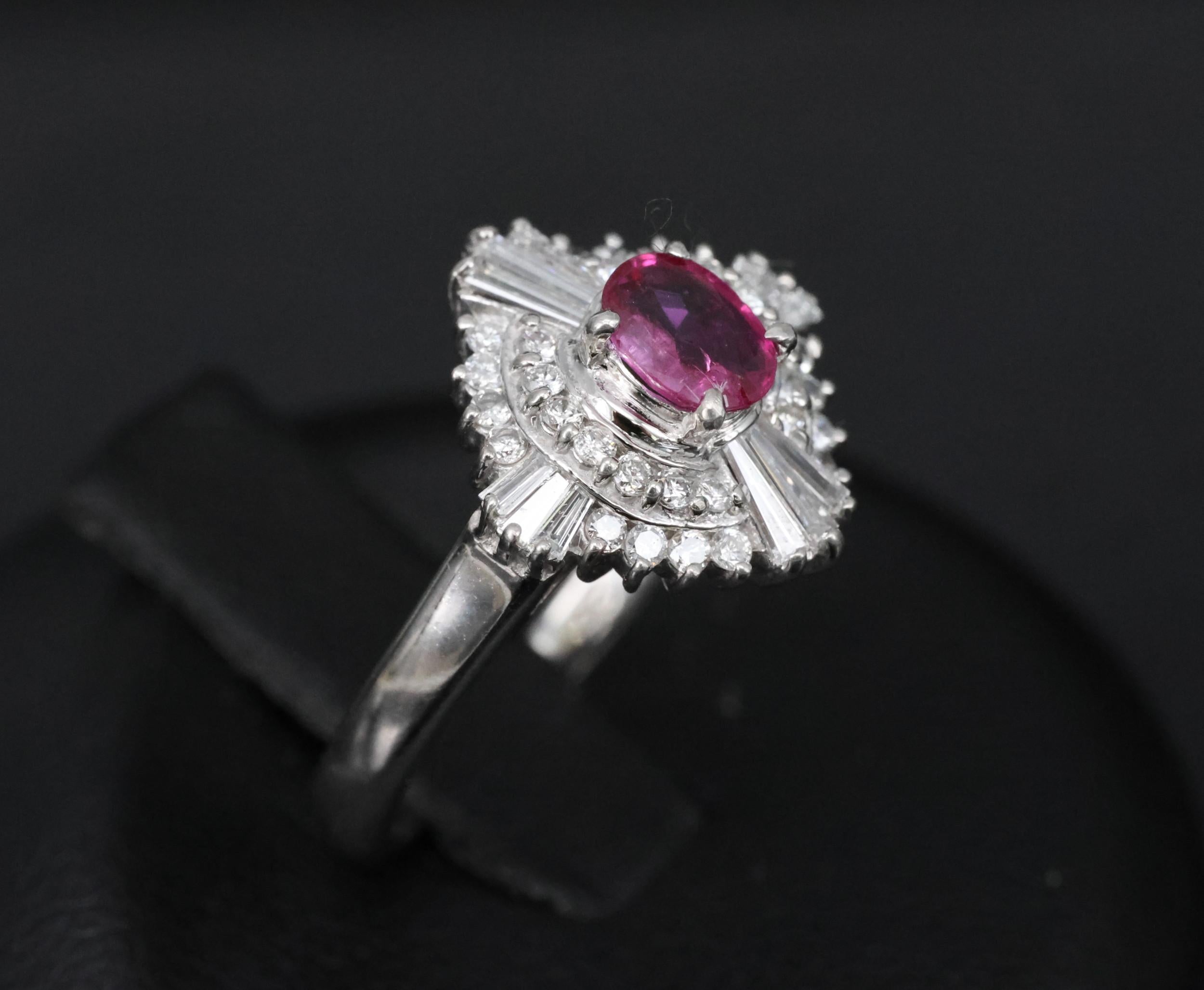 Vintage 0.39ct Ruby & 0.41ct Diamond Platinum Cocktail Ring, Size 4.25