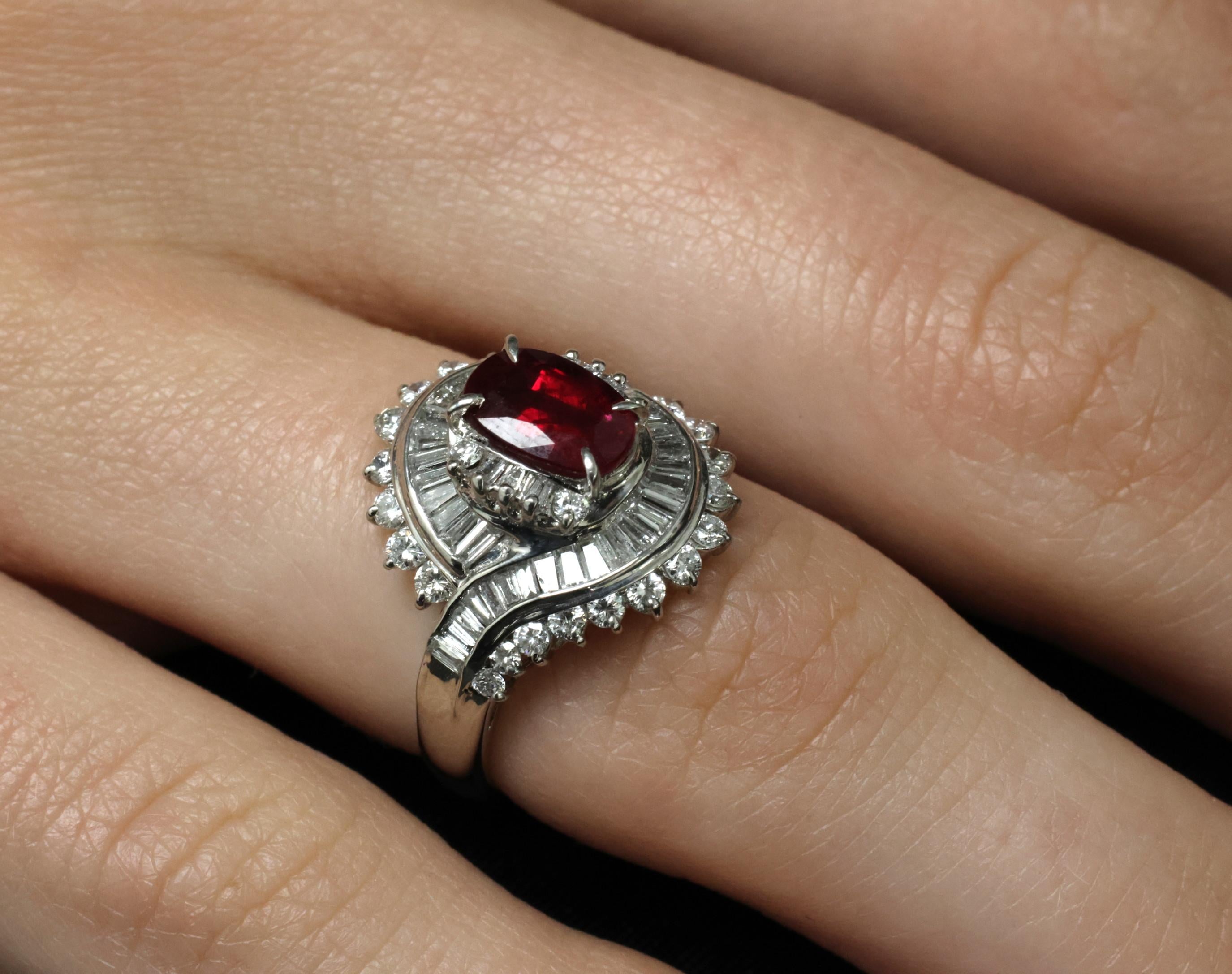 Intense Red 1.46ct GIA Certified Thai Ruby 1.20ct Diamond Platinum Ring Size 5.5