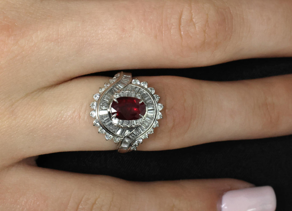 Intense Red 1.46ct GIA Certified Thai Ruby 1.20ct Diamond Platinum Ring Size 5.5