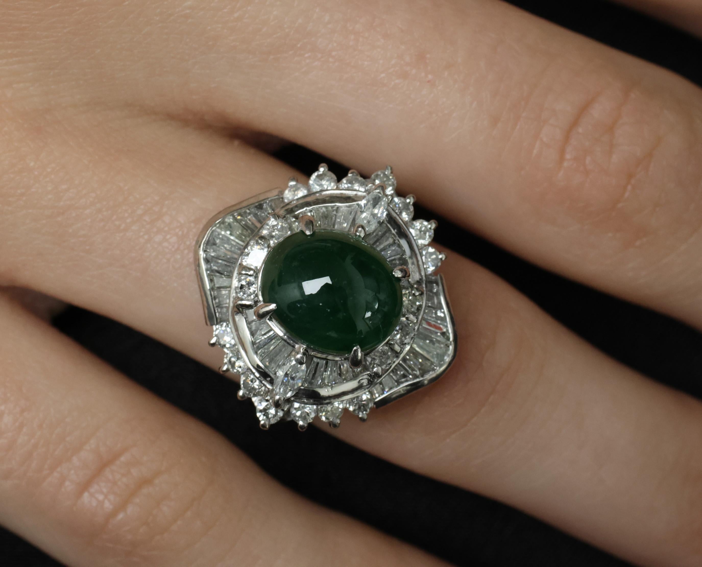 Vintage 4.50ct Natural Jadeite Jade & 1.81ct Diamond Platinum Ring, Size 5.75