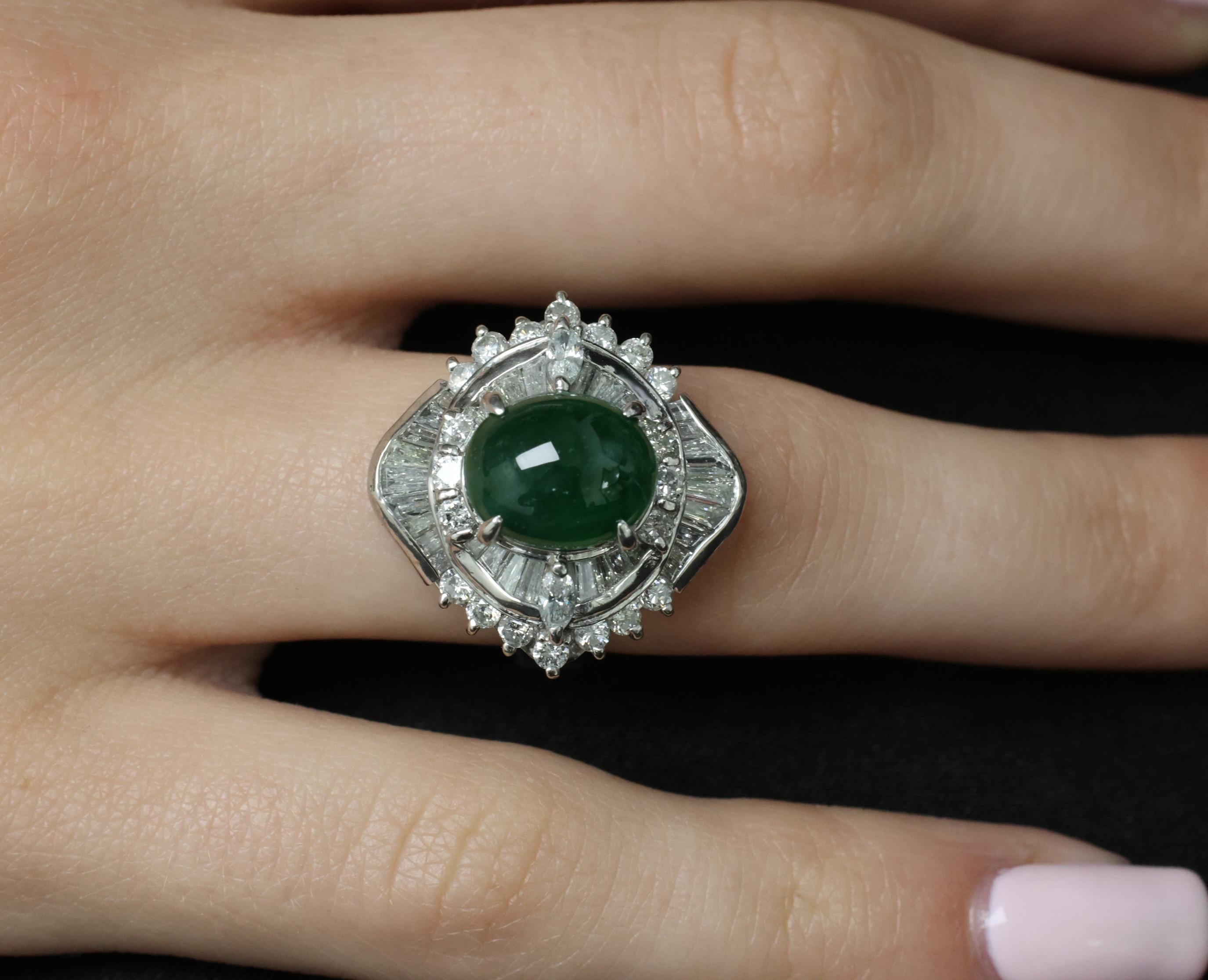 Vintage 4.50ct Natural Jadeite Jade & 1.81ct Diamond Platinum Ring, Size 5.75