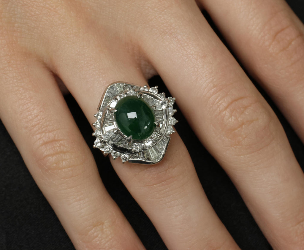 Vintage 4.50ct Natural Jadeite Jade & 1.81ct Diamond Platinum Ring, Size 5.75