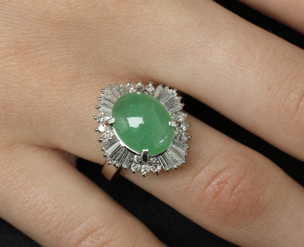 Fine 4.51ct Natural Jadeite Jade & 1.22ct Diamond Platinum Ring, Size 7