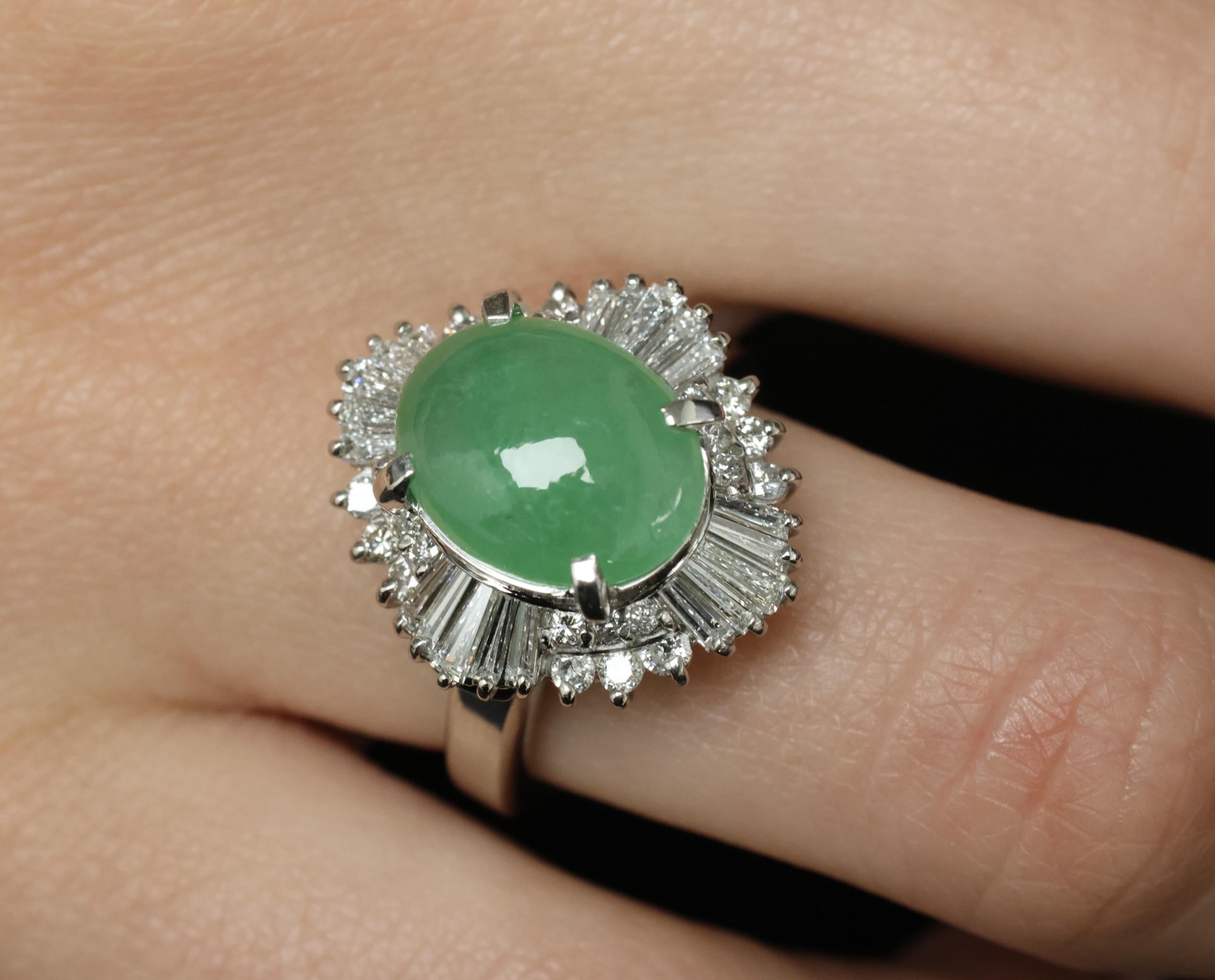 Fine 4.51ct Natural Jadeite Jade & 1.22ct Diamond Platinum Ring, Size 7
