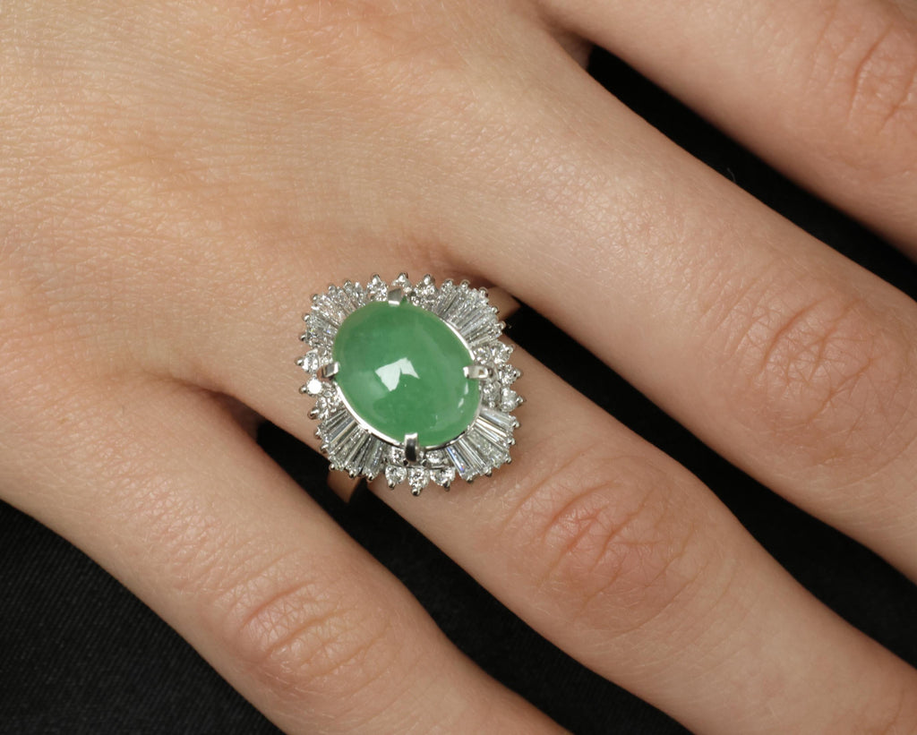 Fine 4.51ct Natural Jadeite Jade & 1.22ct Diamond Platinum Ring, Size 7
