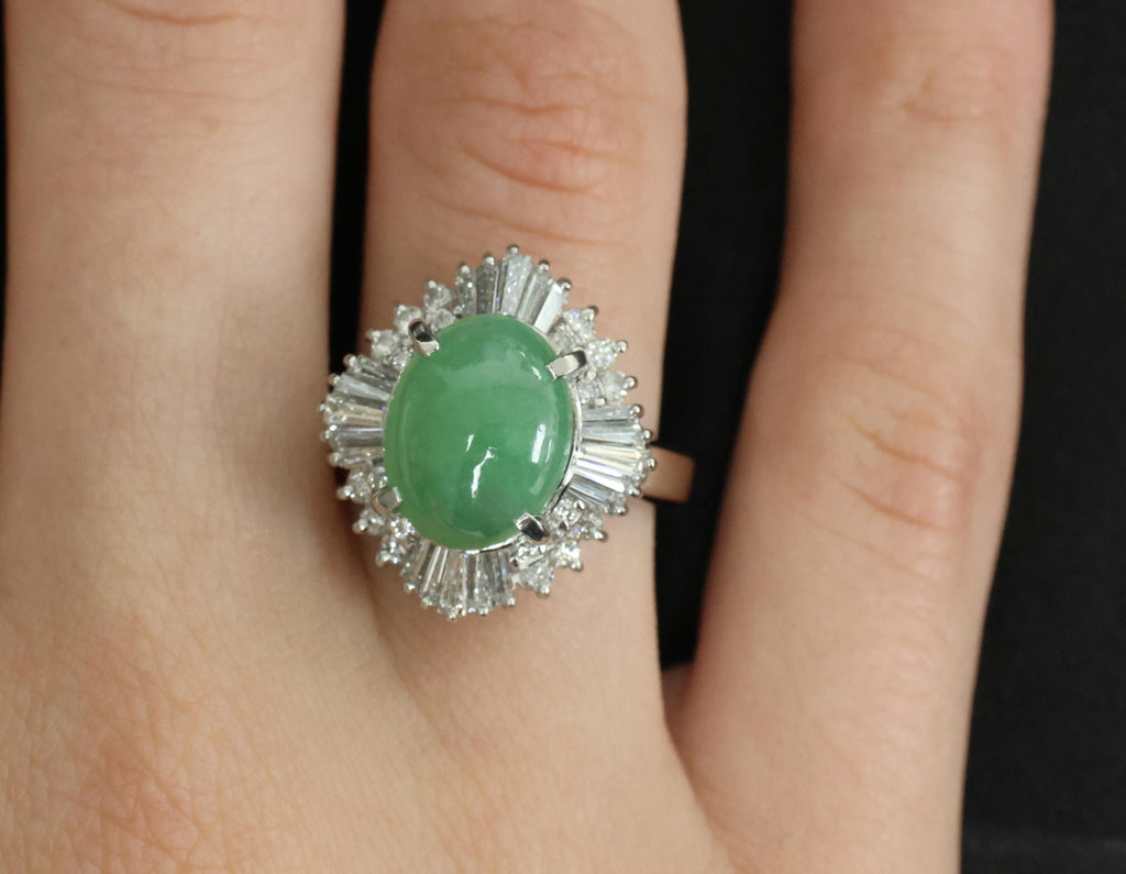 Fine 4.51ct Natural Jadeite Jade & 1.22ct Diamond Platinum Ring, Size 7