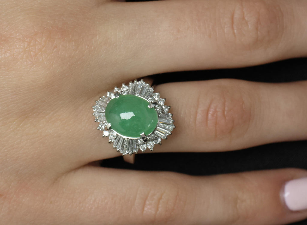 Fine 4.51ct Natural Jadeite Jade & 1.22ct Diamond Platinum Ring, Size 7